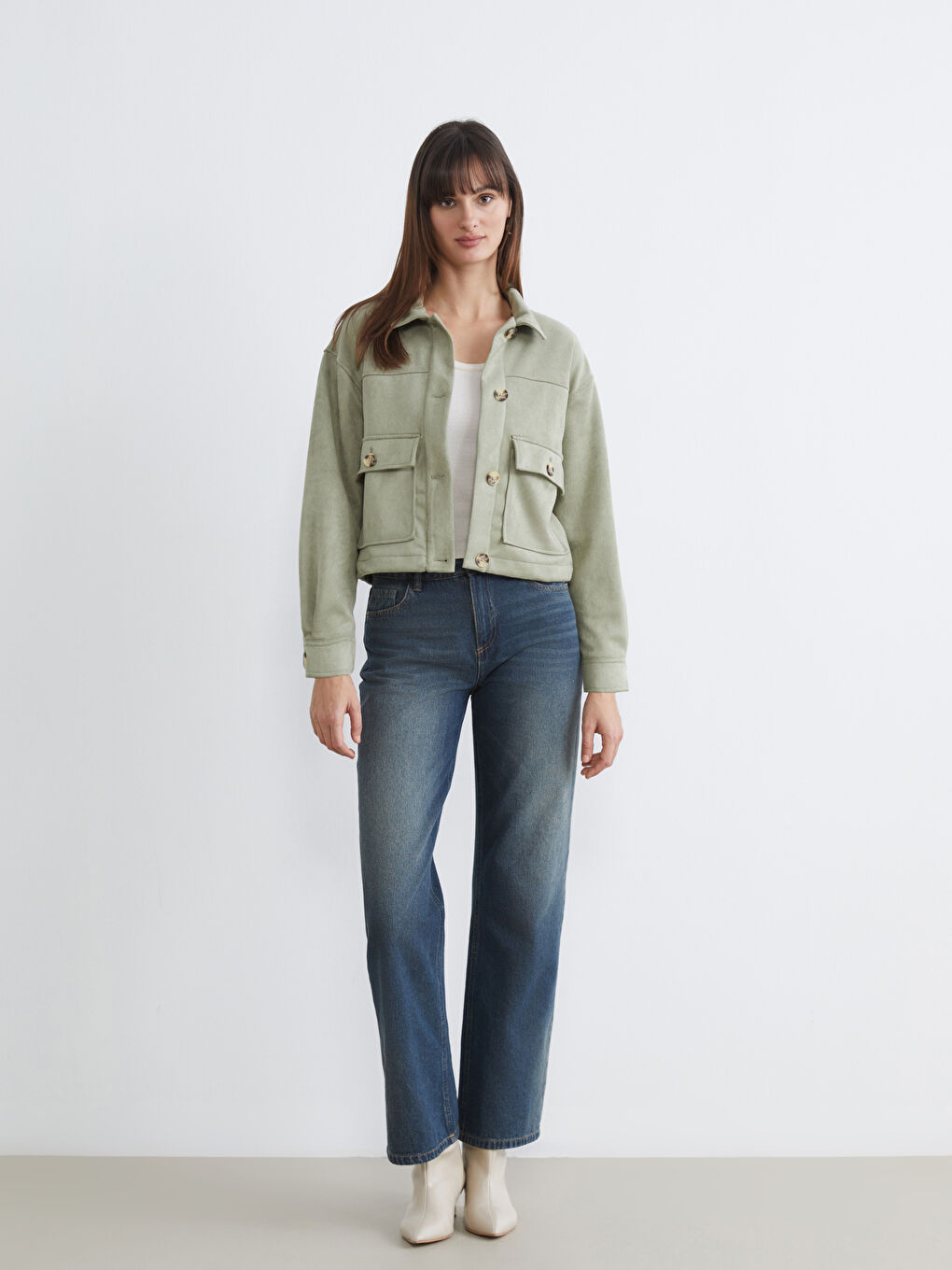 Yeşil Gömlek Yaka Süet Görünümlü Kadın Ceket-1