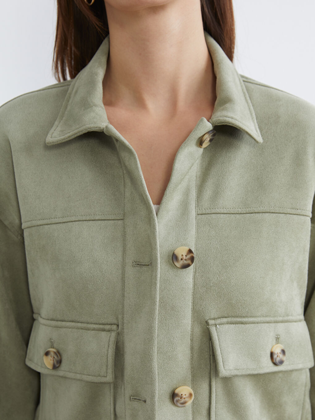 Yeşil Gömlek Yaka Süet Görünümlü Kadın Ceket-2