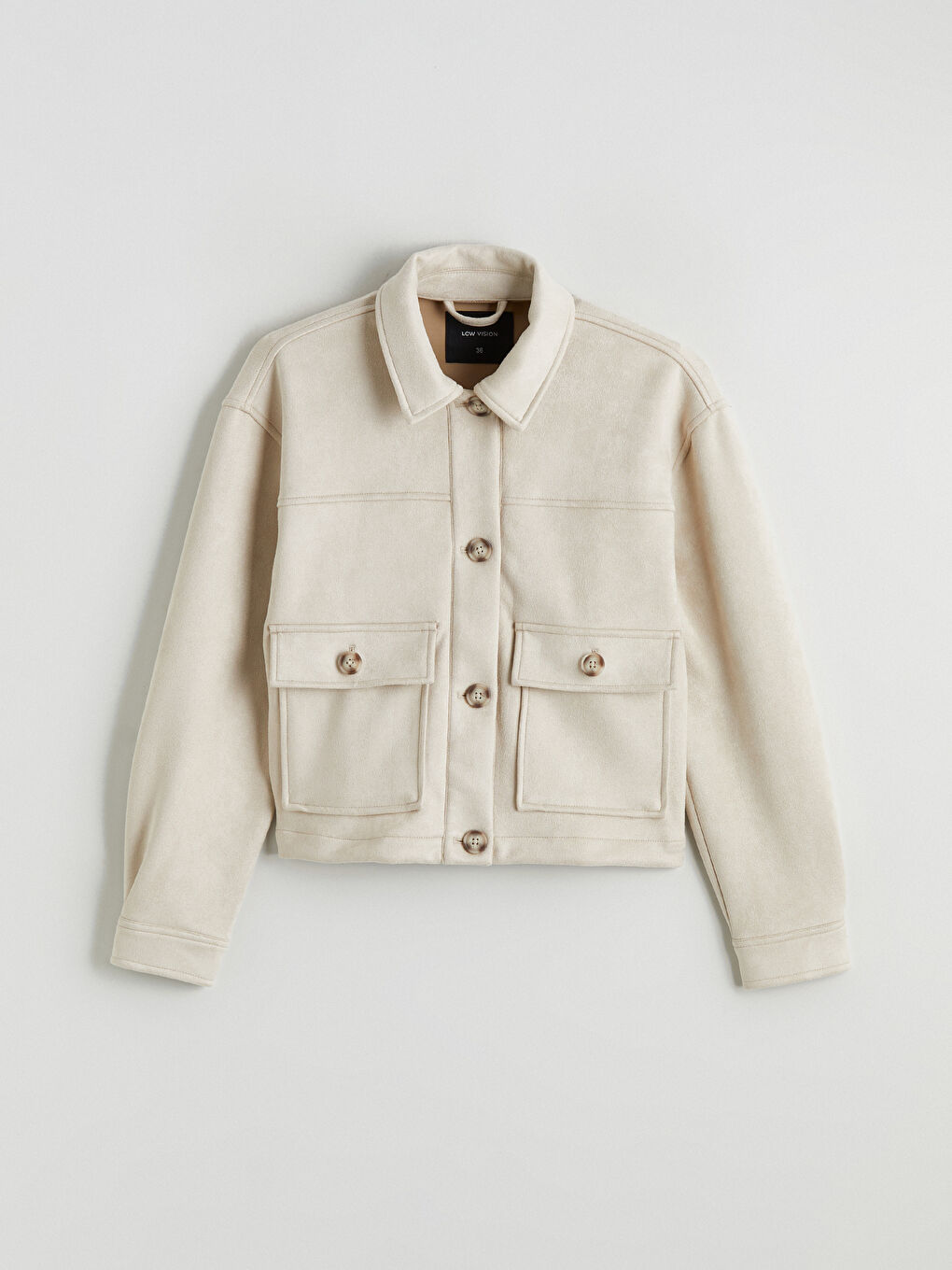 Bej Gömlek Yaka Süet Görünümlü Kadın Ceket-4