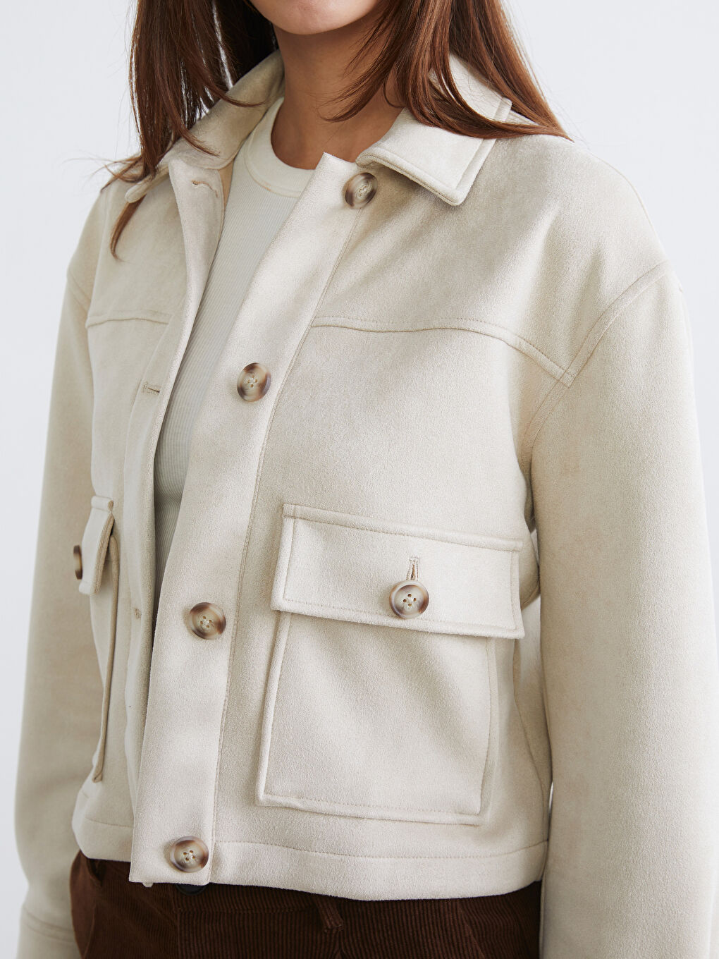 Bej Gömlek Yaka Süet Görünümlü Kadın Ceket-2