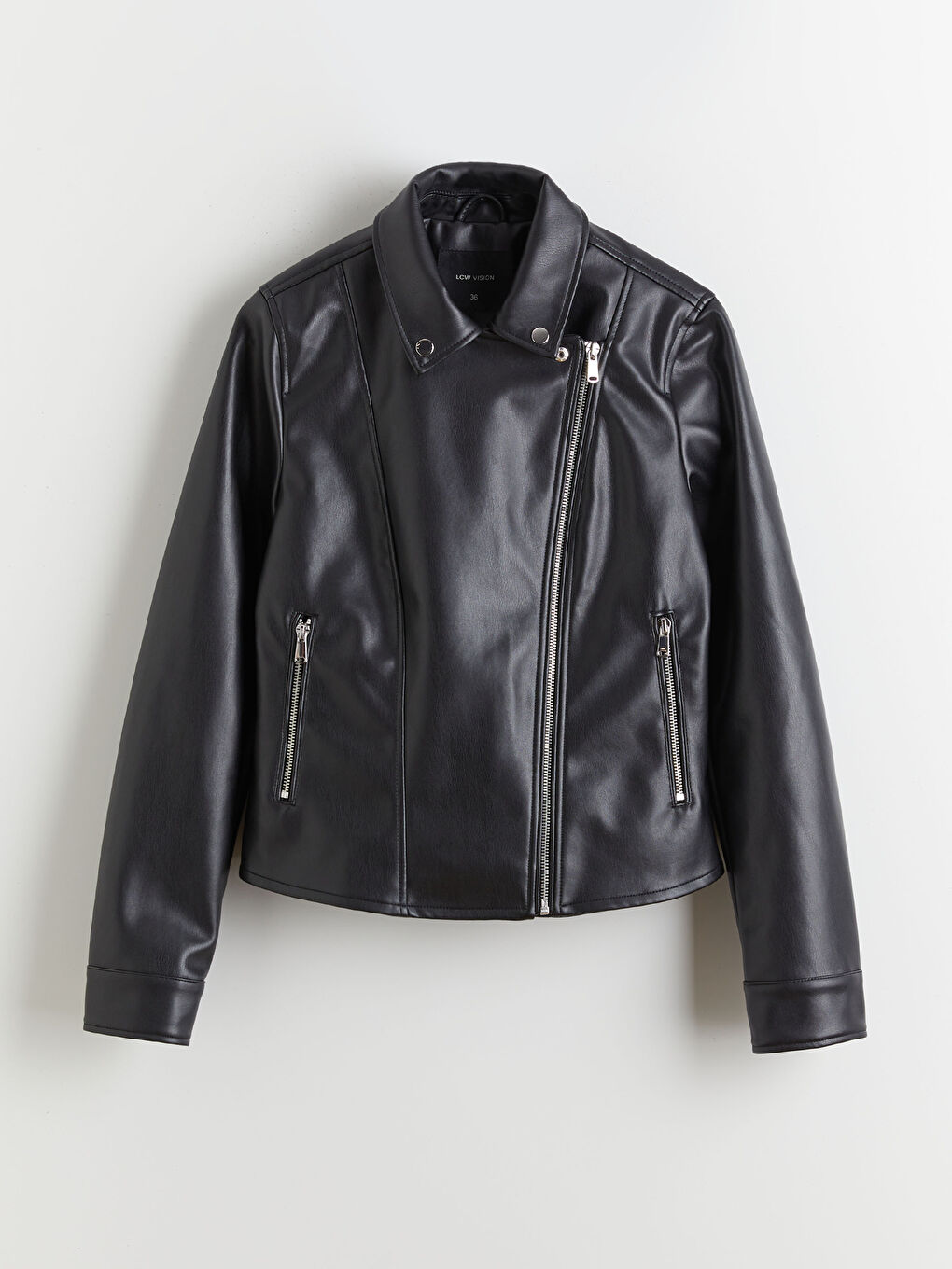 Siyah Biker Yaka Kadın Deri Görünümlü Ceket-5