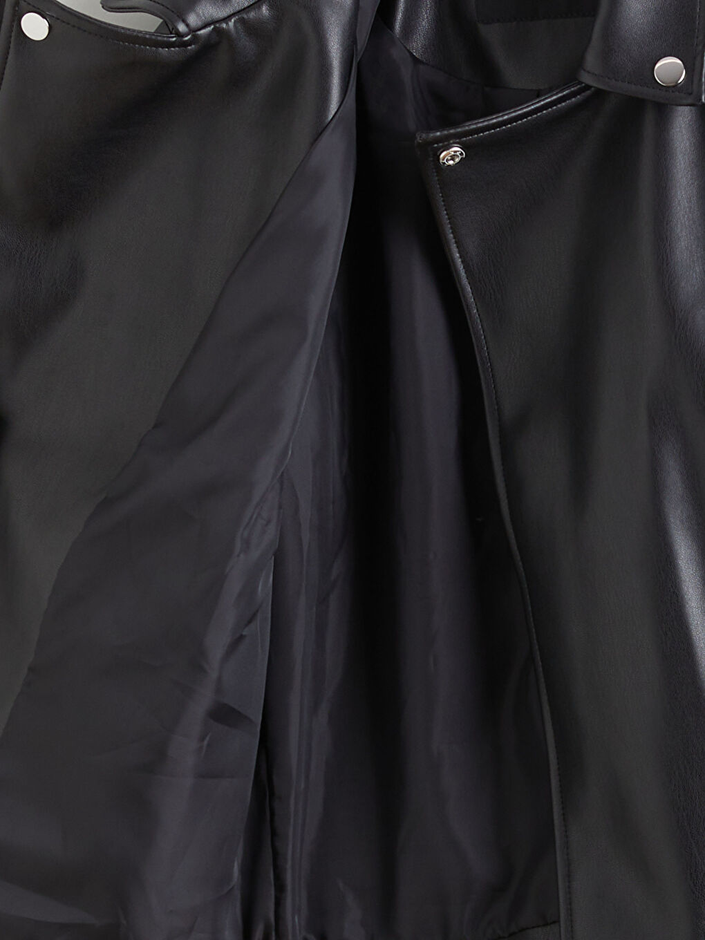 Siyah Biker Yaka Kadın Deri Görünümlü Ceket-6