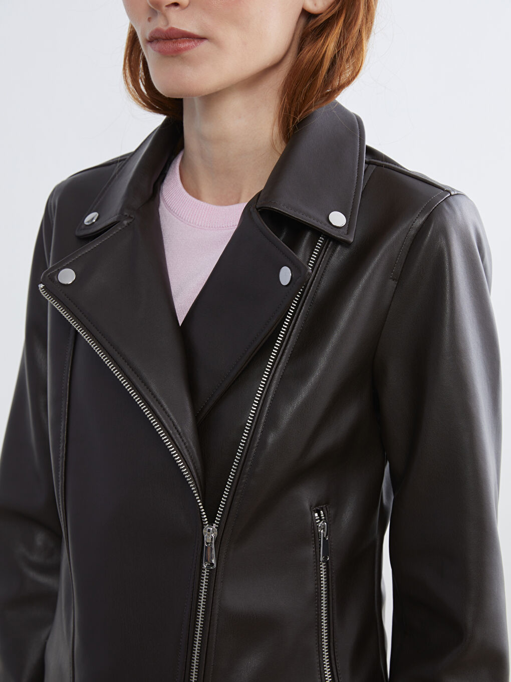 Kahverengi Biker Yaka Kadın Deri Görünümlü Ceket-2