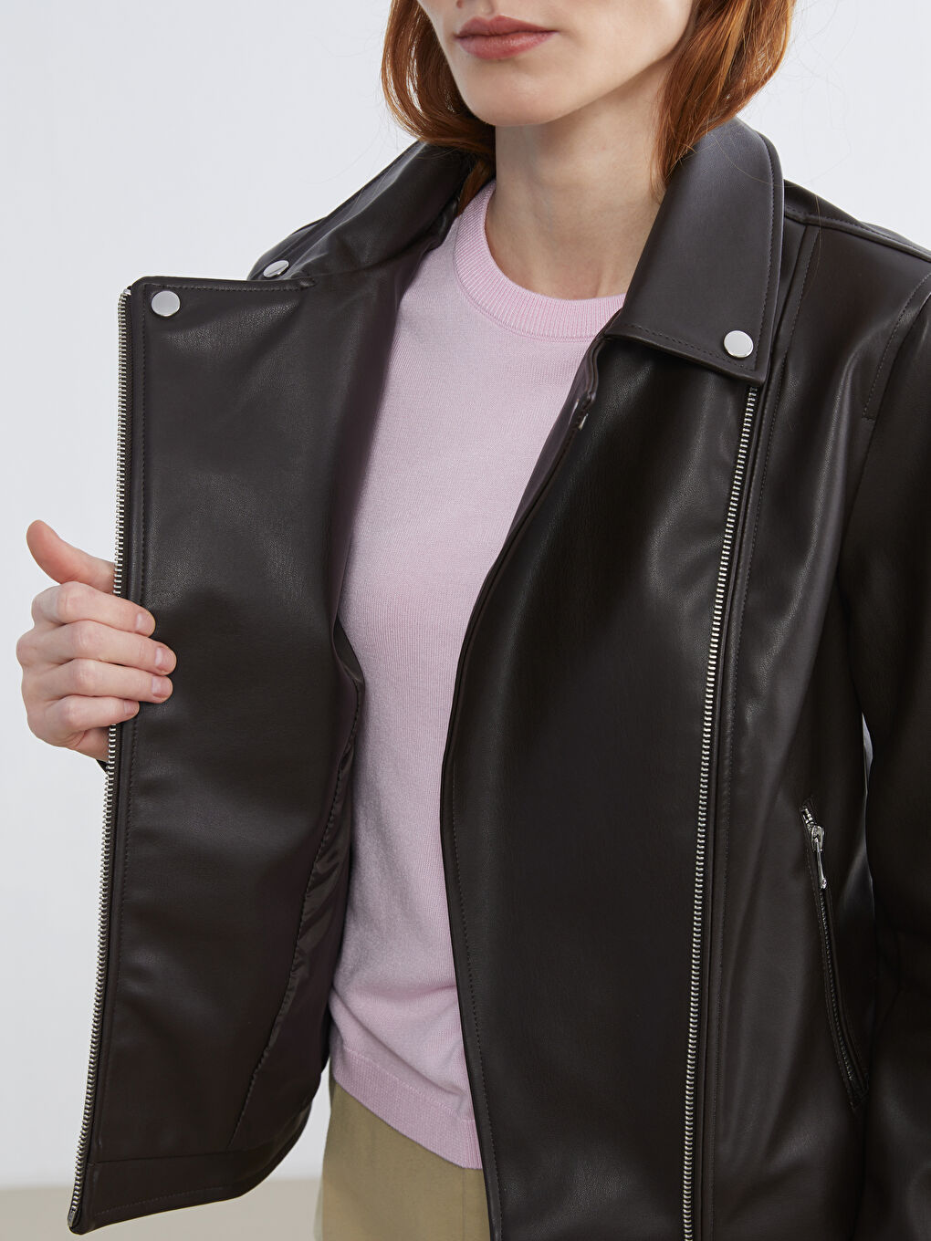 Kahverengi Biker Yaka Kadın Deri Görünümlü Ceket-3