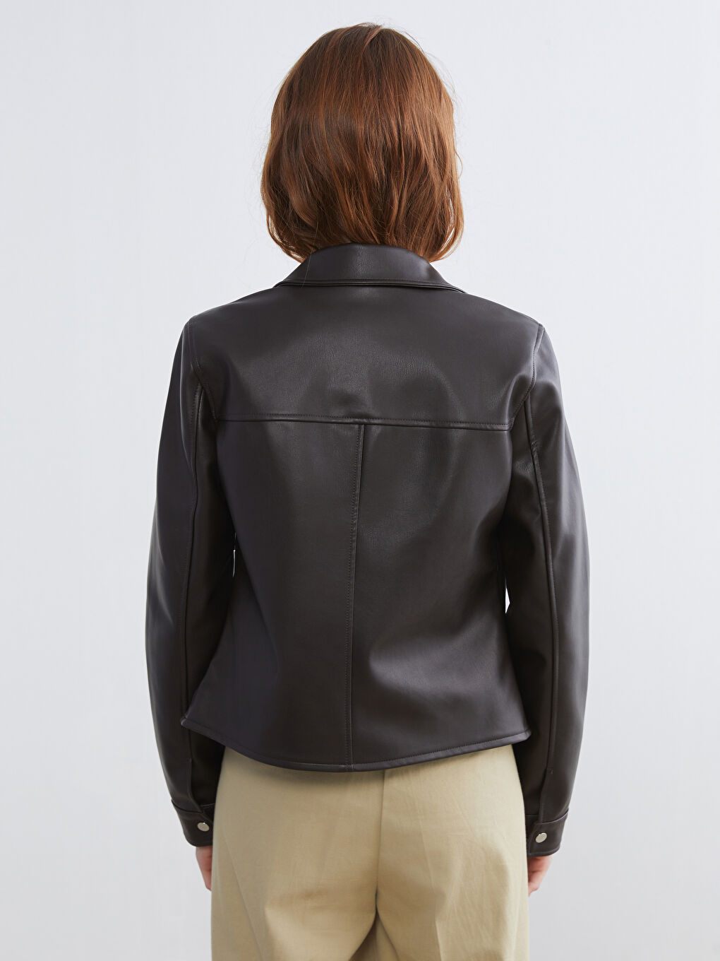 Kahverengi Biker Yaka Kadın Deri Görünümlü Ceket-4