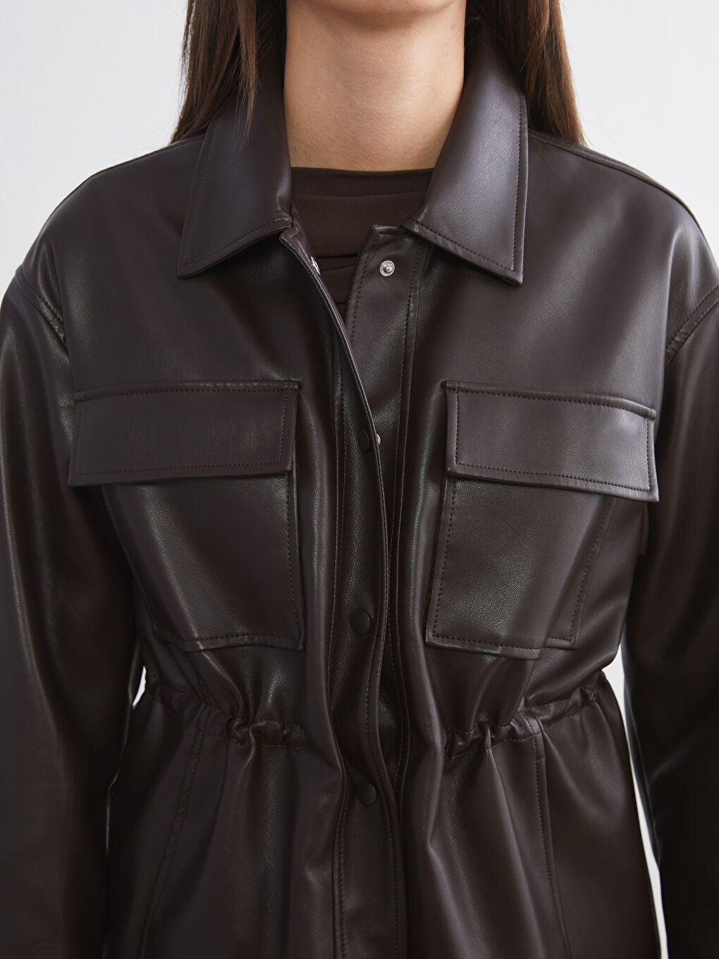 Kahverengi Gömlek Yaka Kadın Deri Görünümlü Ceket-2