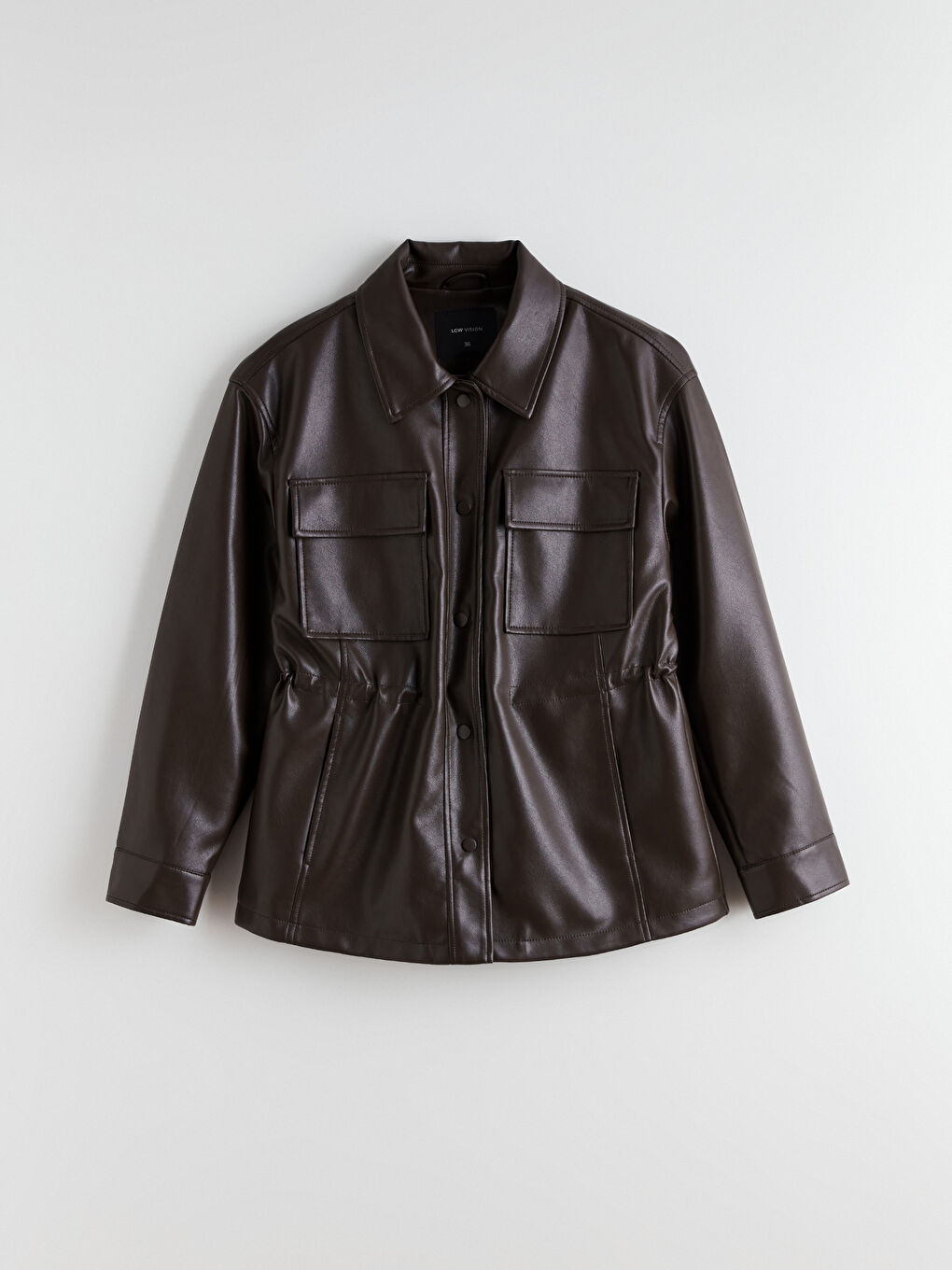 Kahverengi Gömlek Yaka Kadın Deri Görünümlü Ceket-5