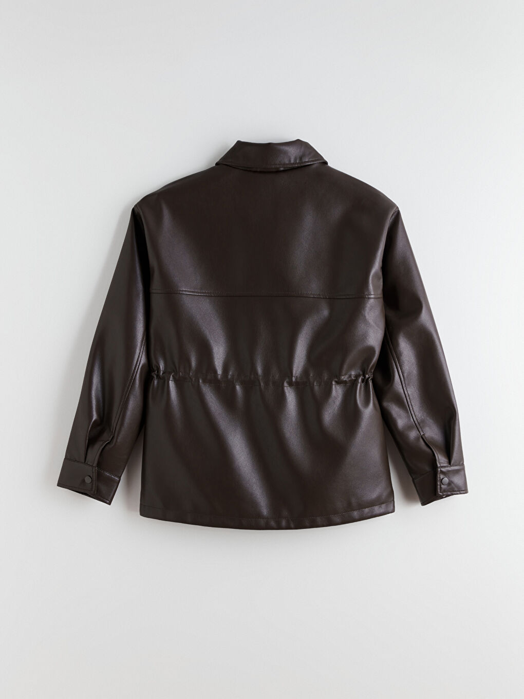 Kahverengi Gömlek Yaka Kadın Deri Görünümlü Ceket-7