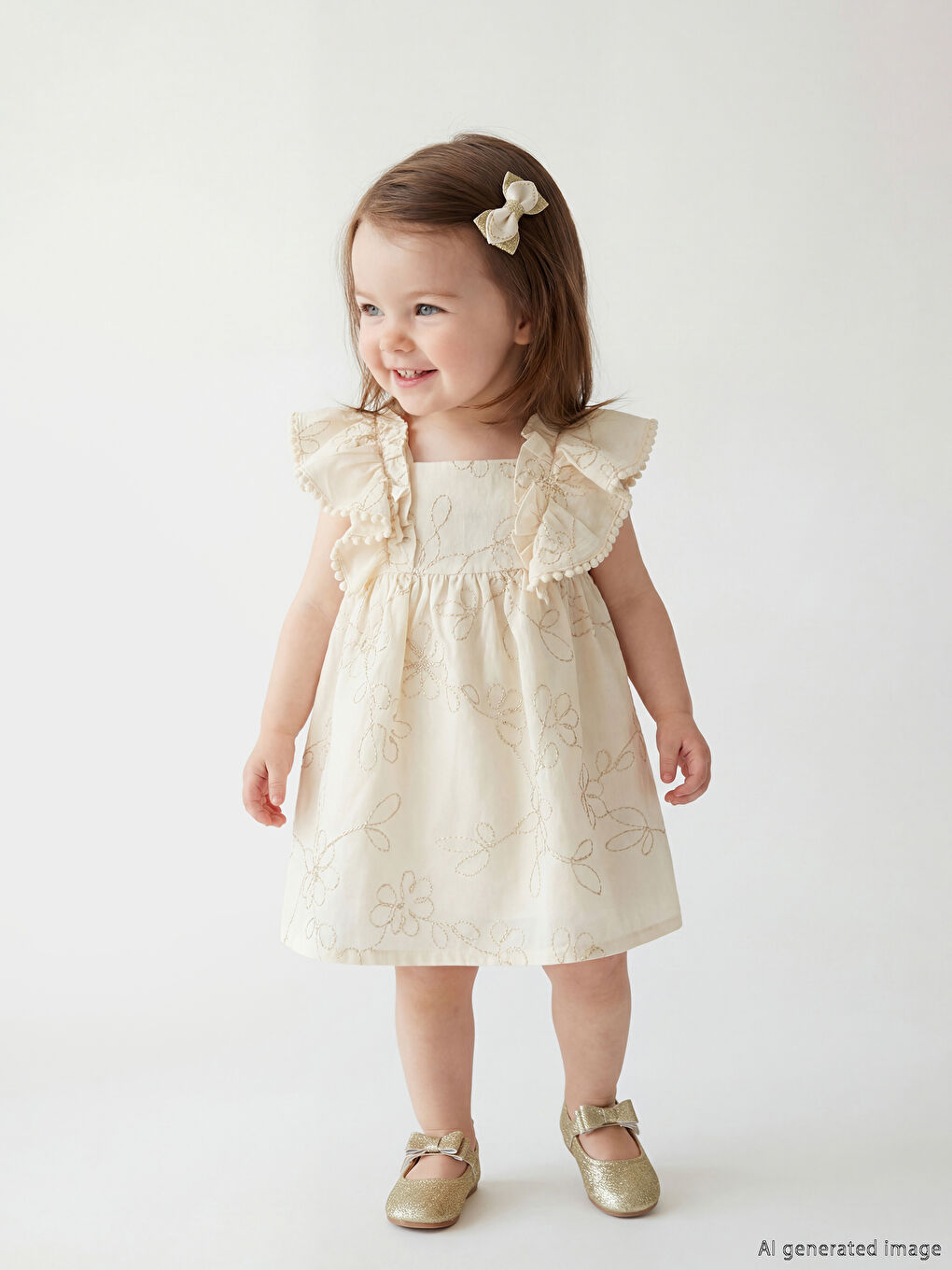 Square Neck Embroidered Frilled Baby Girls' Dress