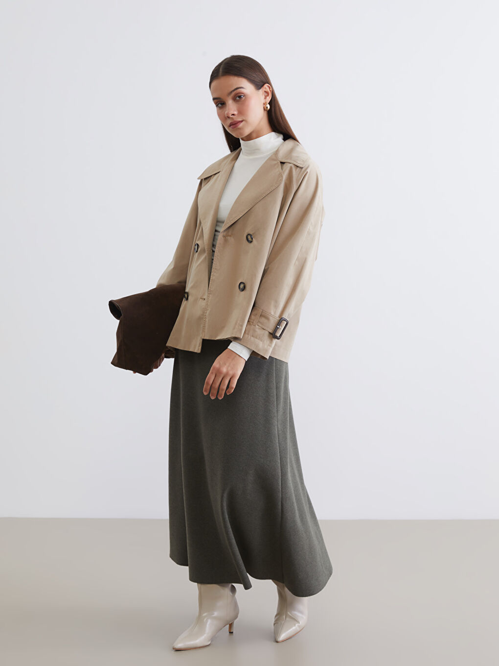 Kahverengi Kruvaze Yaka Oversize Kadın Trençkot-1