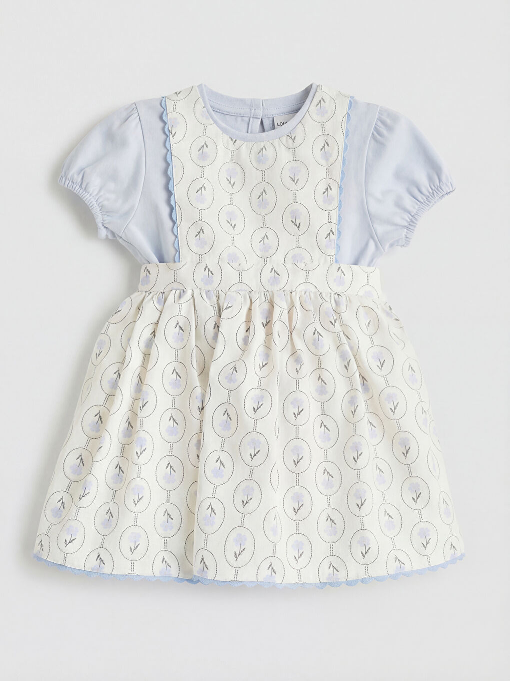 Ekru Desenli Kız Bebek Poplin Elbise