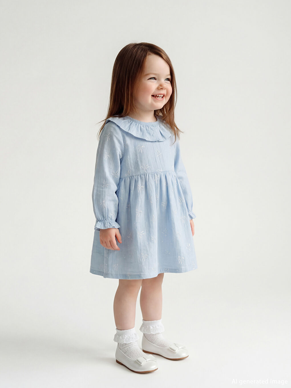 Ruffled Peter Pan Collar Patterned Baby Girls' Dress-2