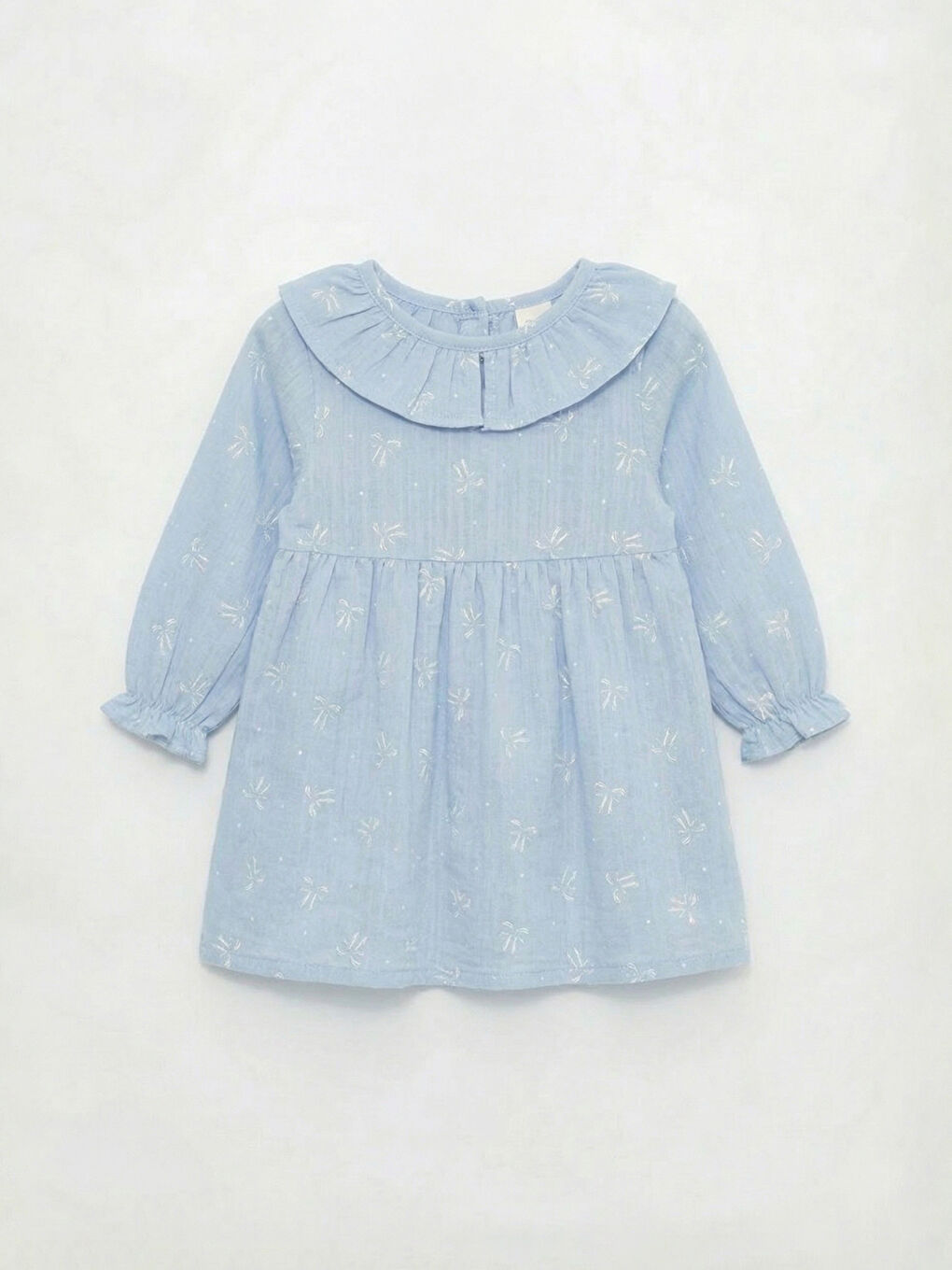 Mavi Fırfırlı Bebe Yaka Desenli Kız Bebek Elbise