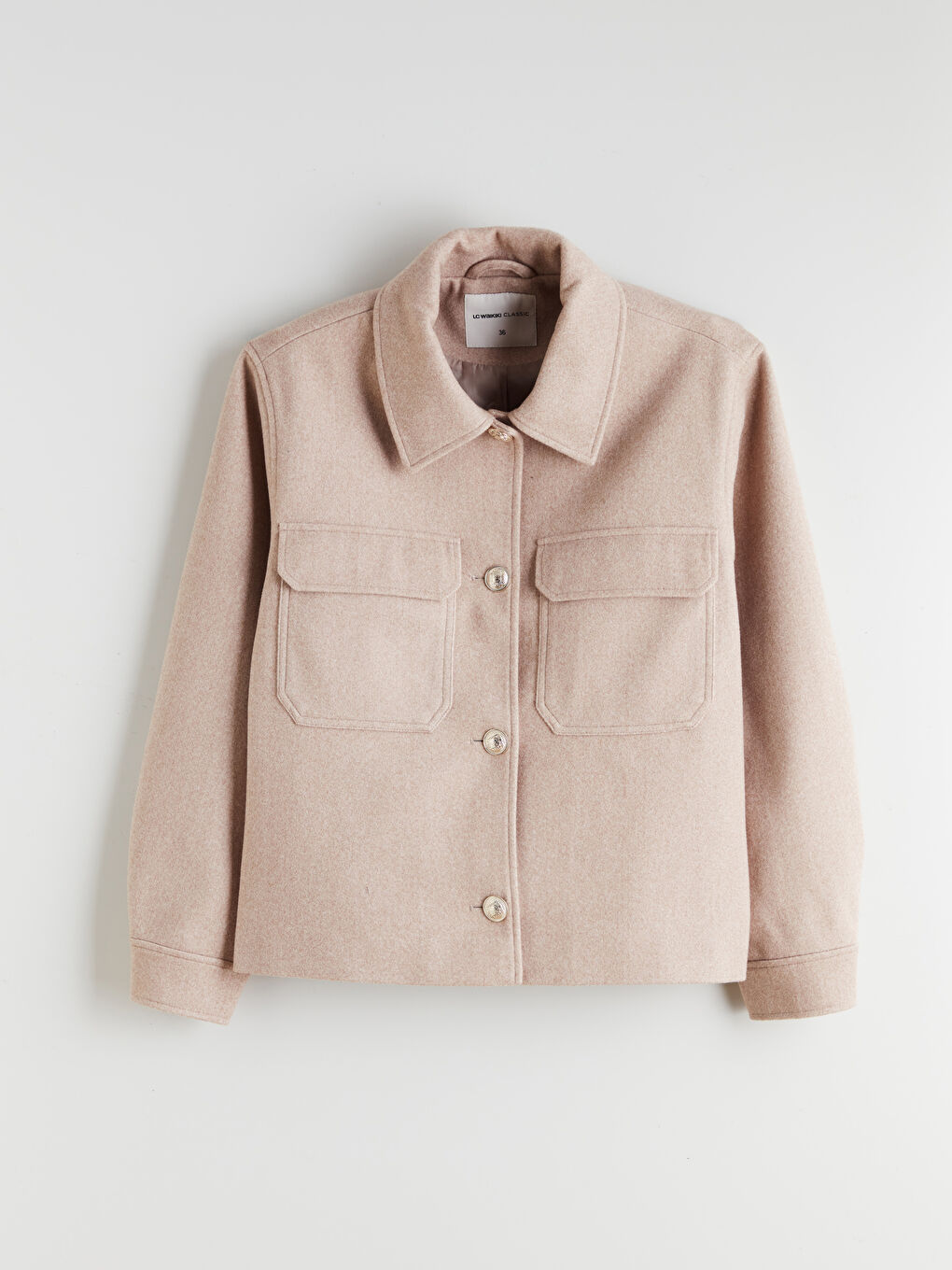 Bej Gömlek Yaka Kadın Kaşe Ceket	-5