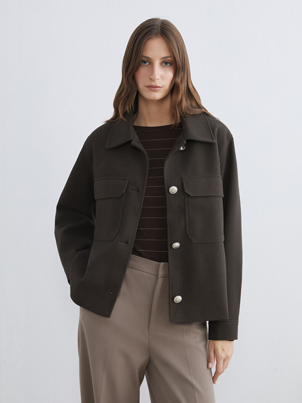 Kahverengi Gömlek Yaka Kadın Kaşe Ceket	