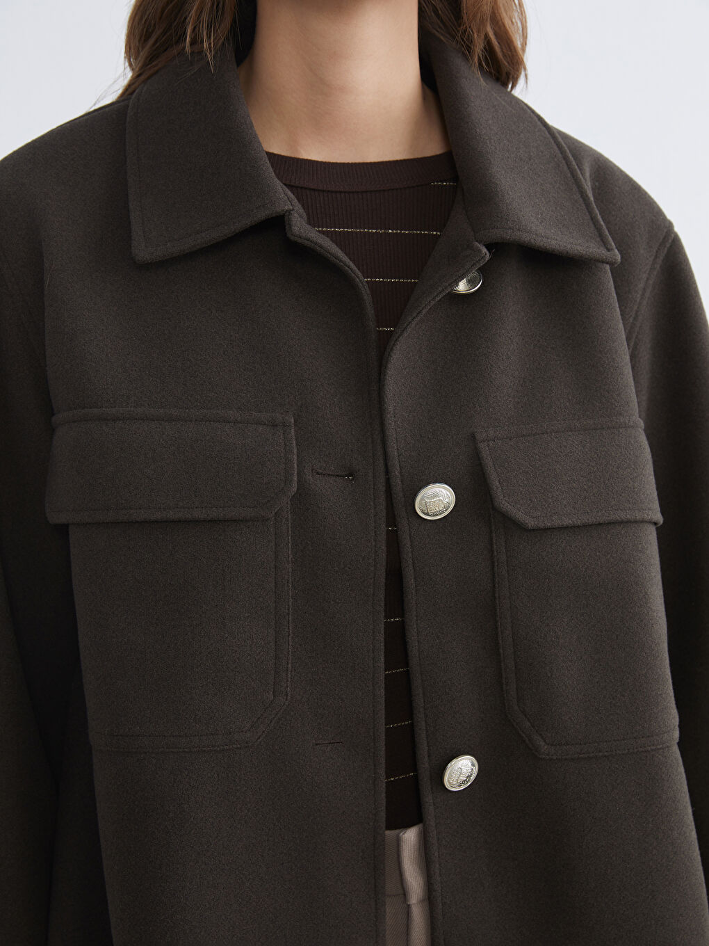 Kahverengi Gömlek Yaka Kadın Kaşe Ceket	-2