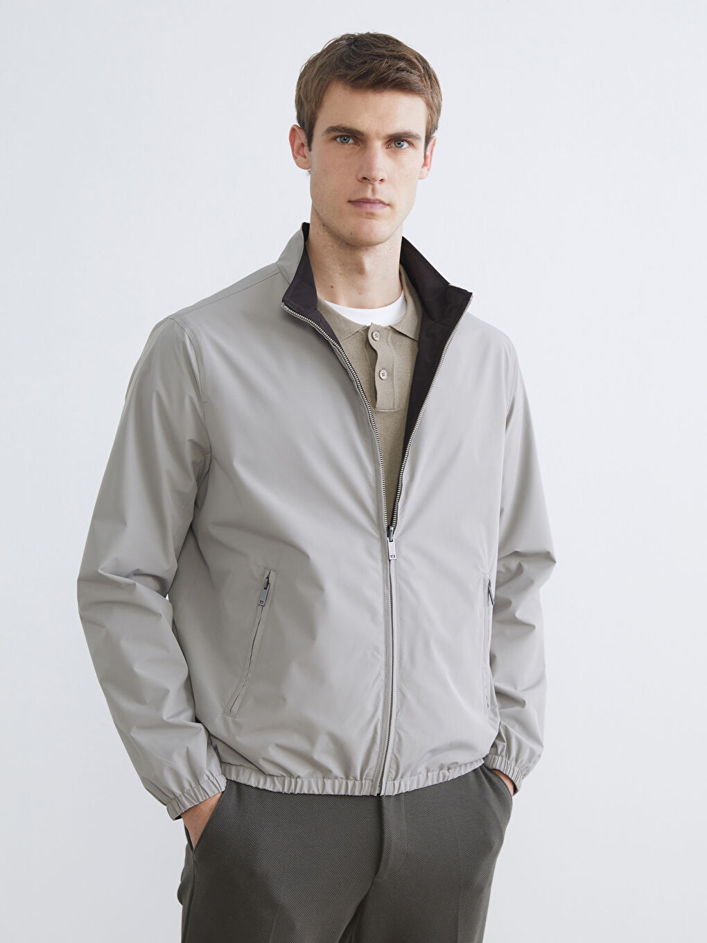 Bej Standart Kalıp Dik Yaka Erkek Mont-1