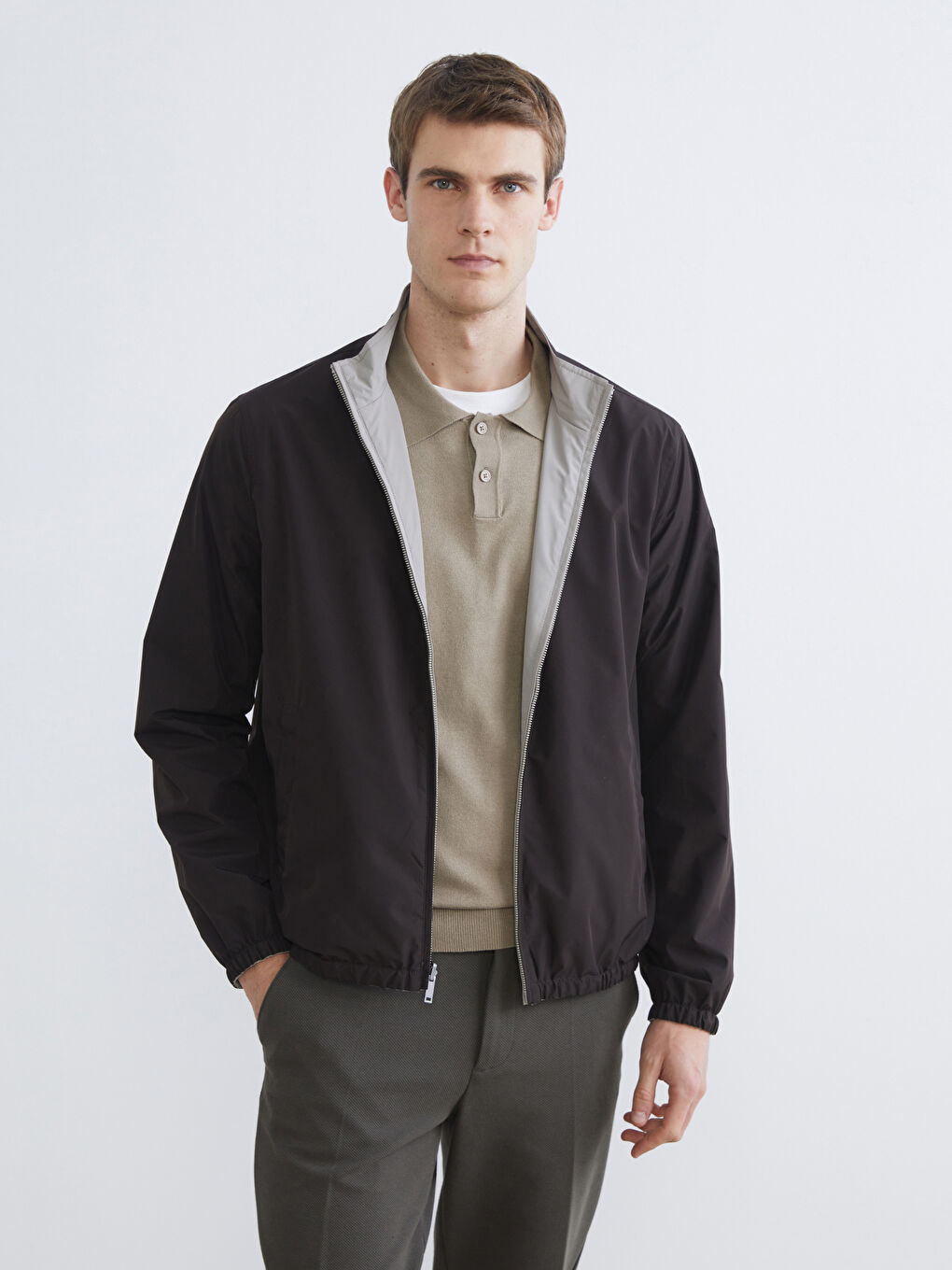 Bej Standart Kalıp Dik Yaka Erkek Mont-2