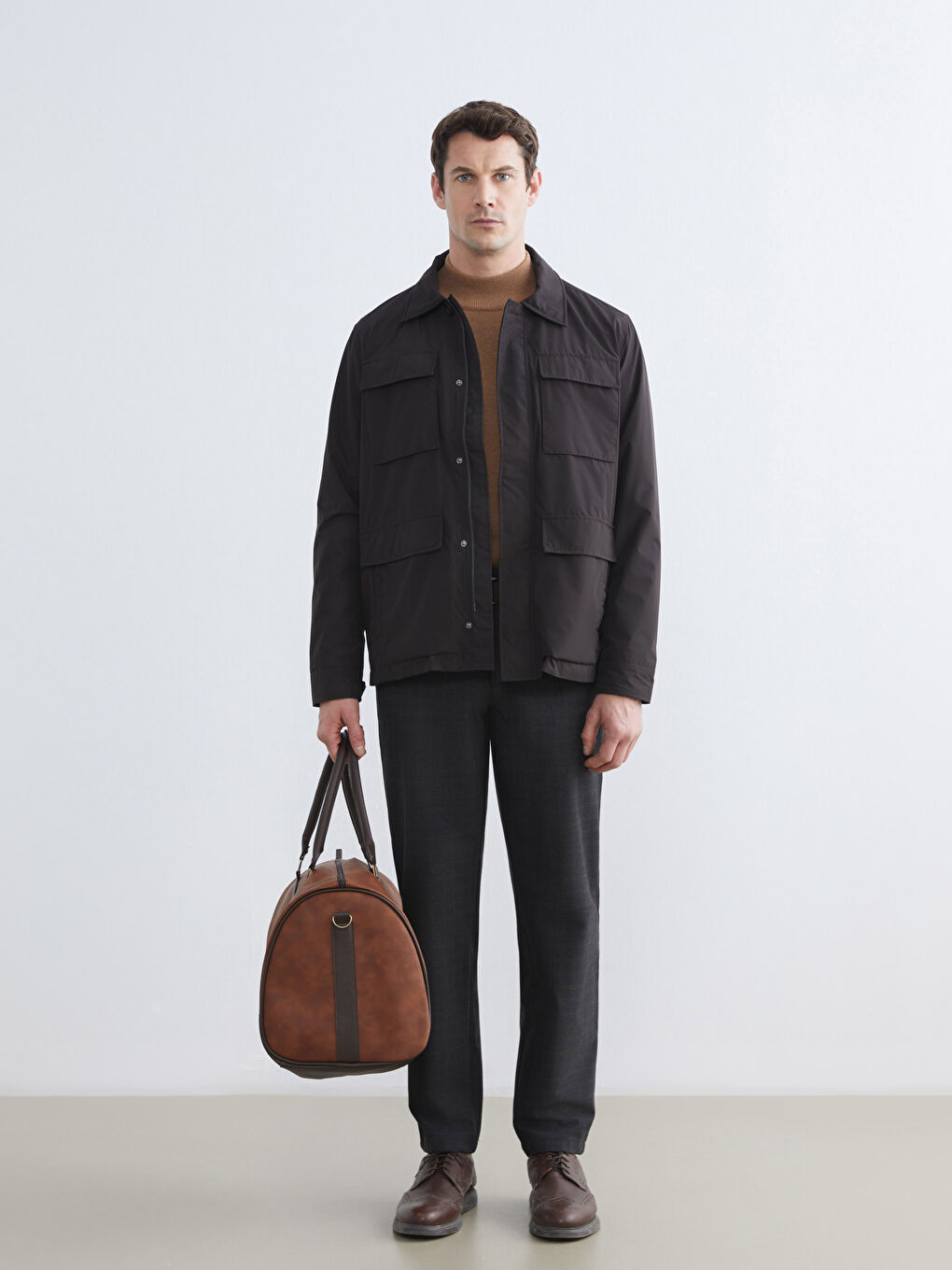 Kahverengi Standart Kalıp Gömlek Yaka Erkek Mont-1