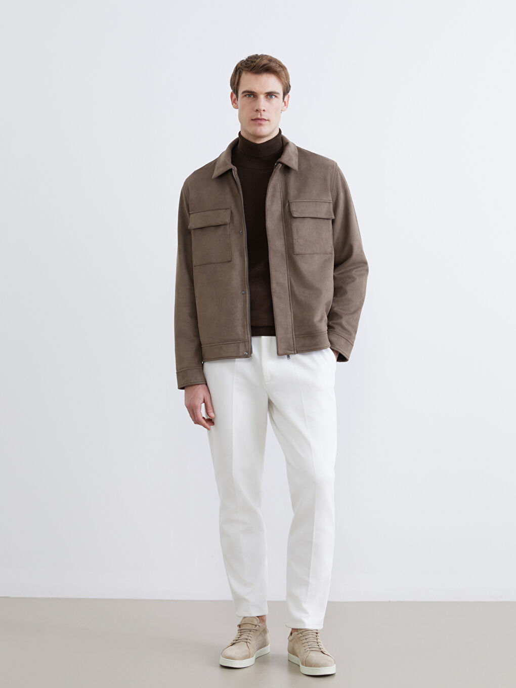 Bej Standart Kalıp Süet Görünümlü Erkek Mont-1