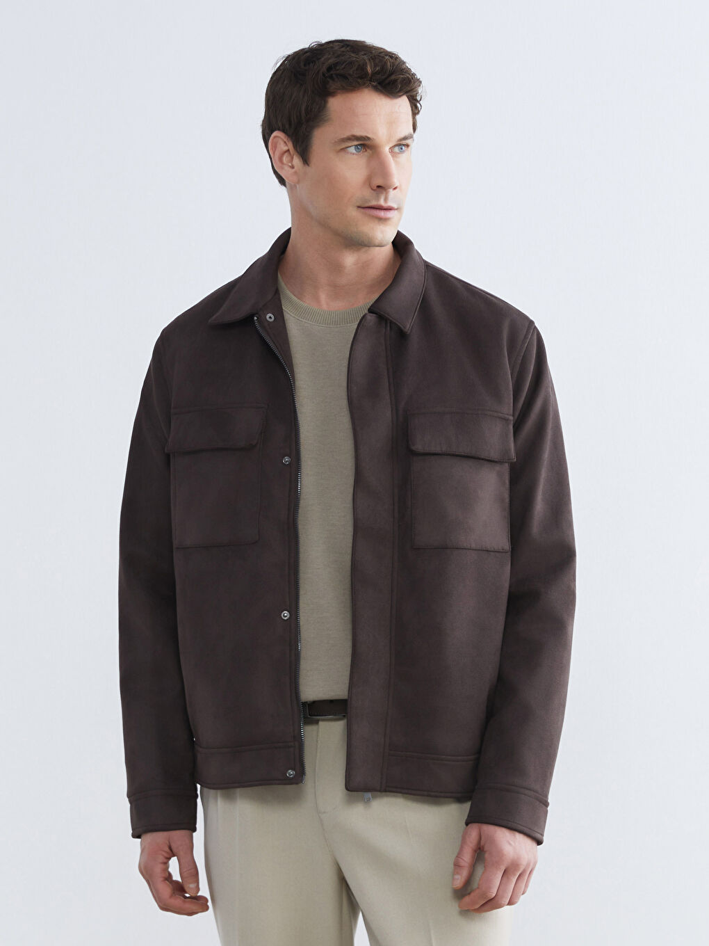 Kahverengi Standart Kalıp Süet Görünümlü Erkek Mont