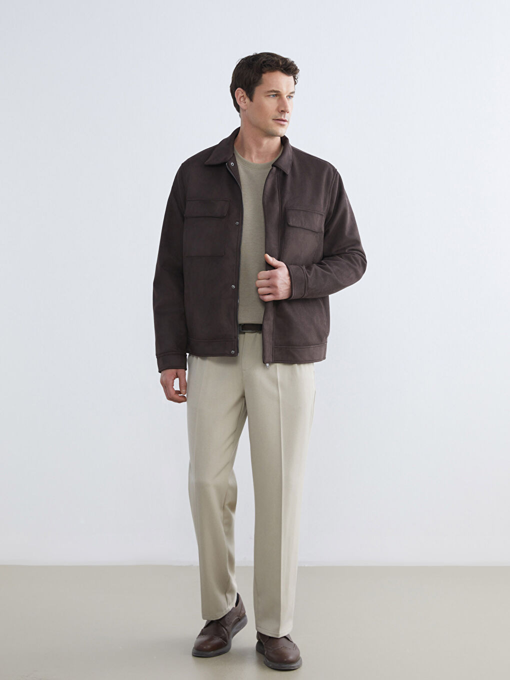 Kahverengi Standart Kalıp Süet Görünümlü Erkek Mont-1