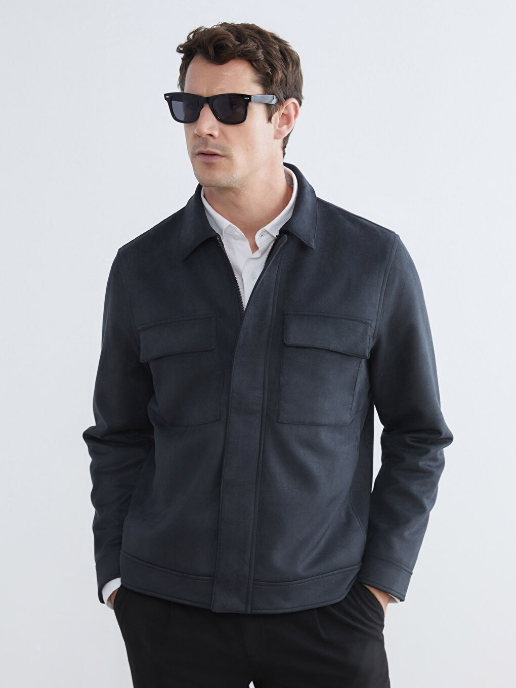 Petrol Standart Kalıp Süet Görünümlü Erkek Mont