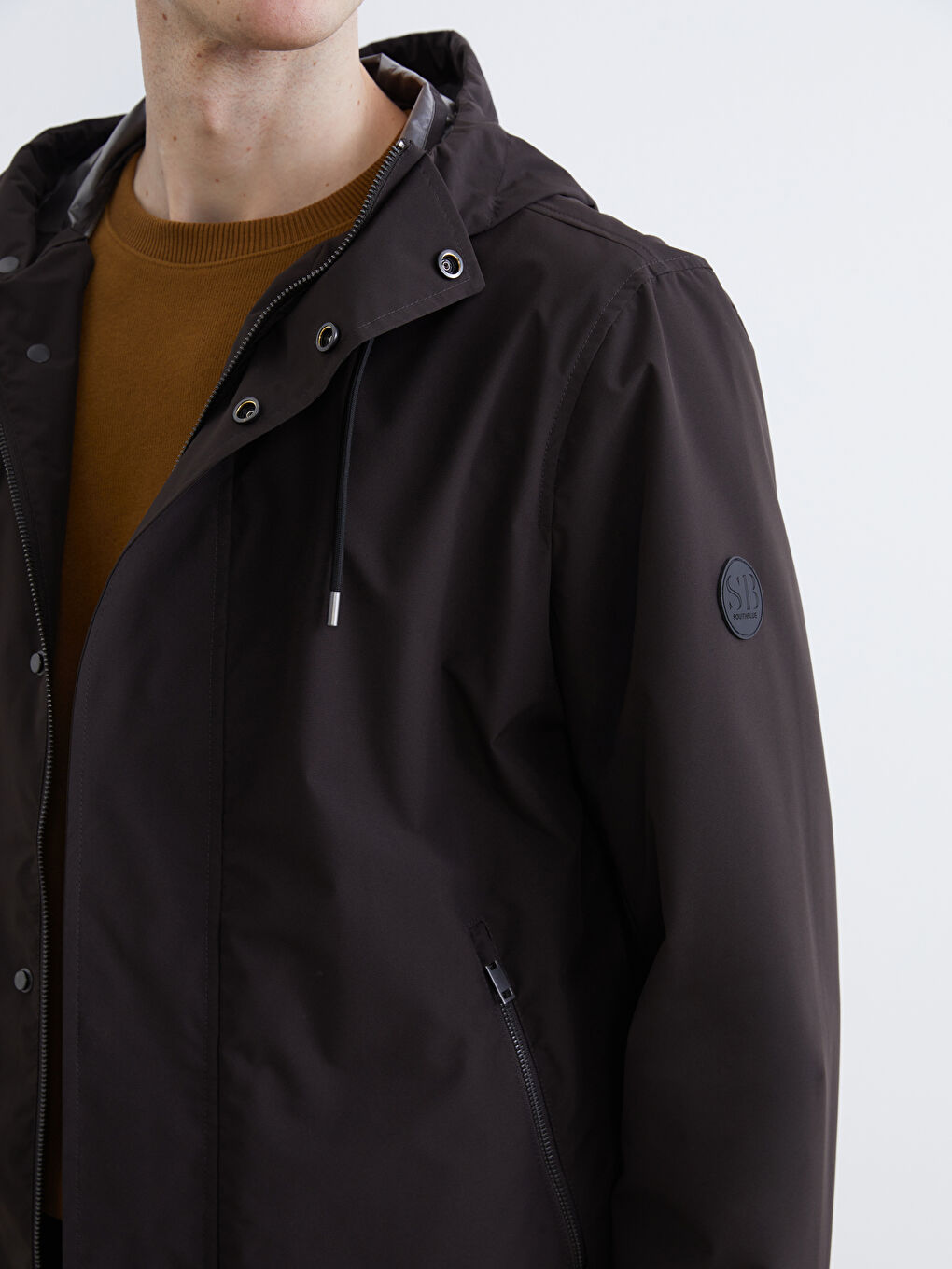 Kahverengi Standart Kalıp Kapüşonlu Erkek Yağmurluk-2