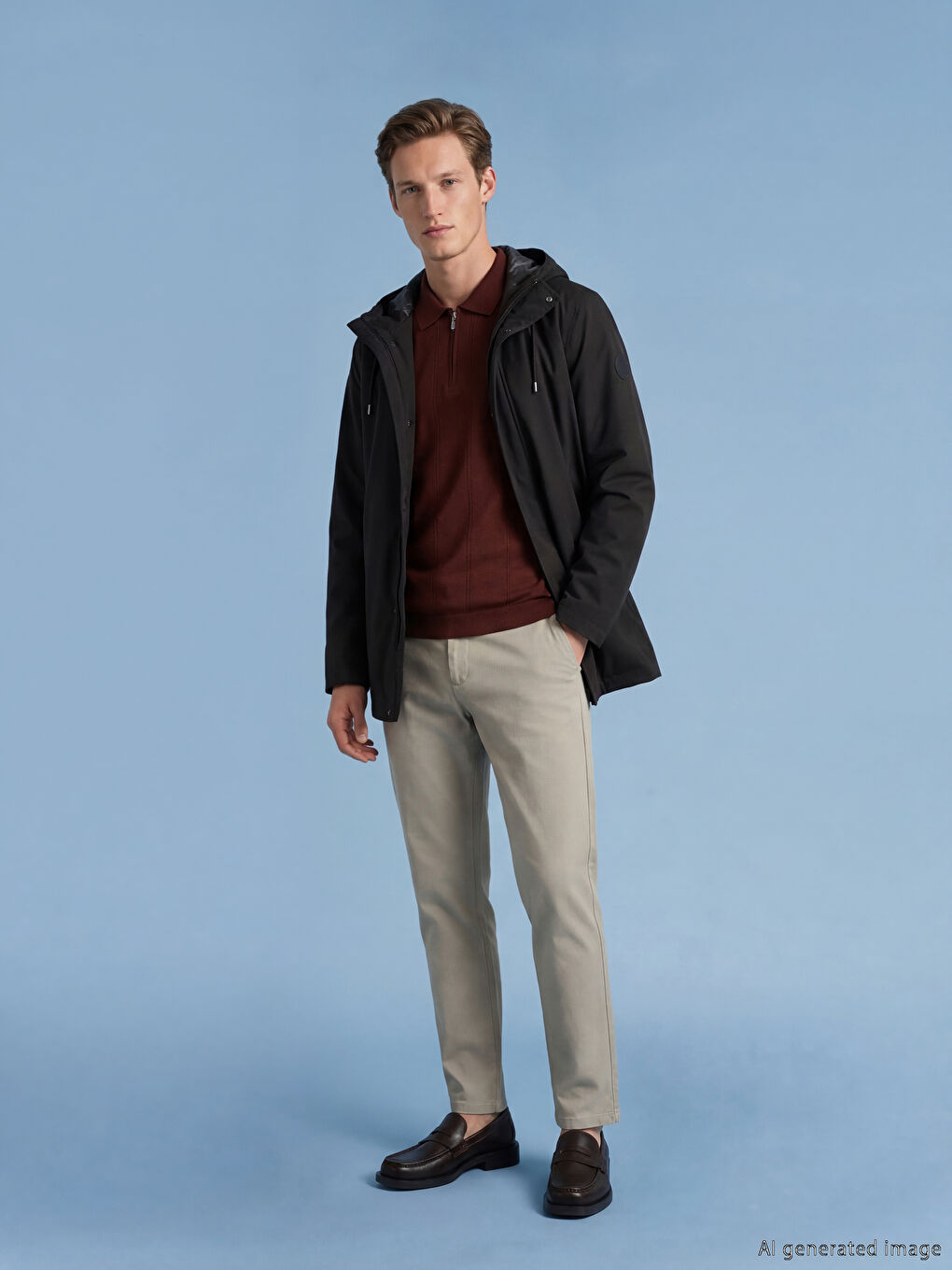 Kahverengi Standart Kalıp Kapüşonlu Erkek Yağmurluk-1