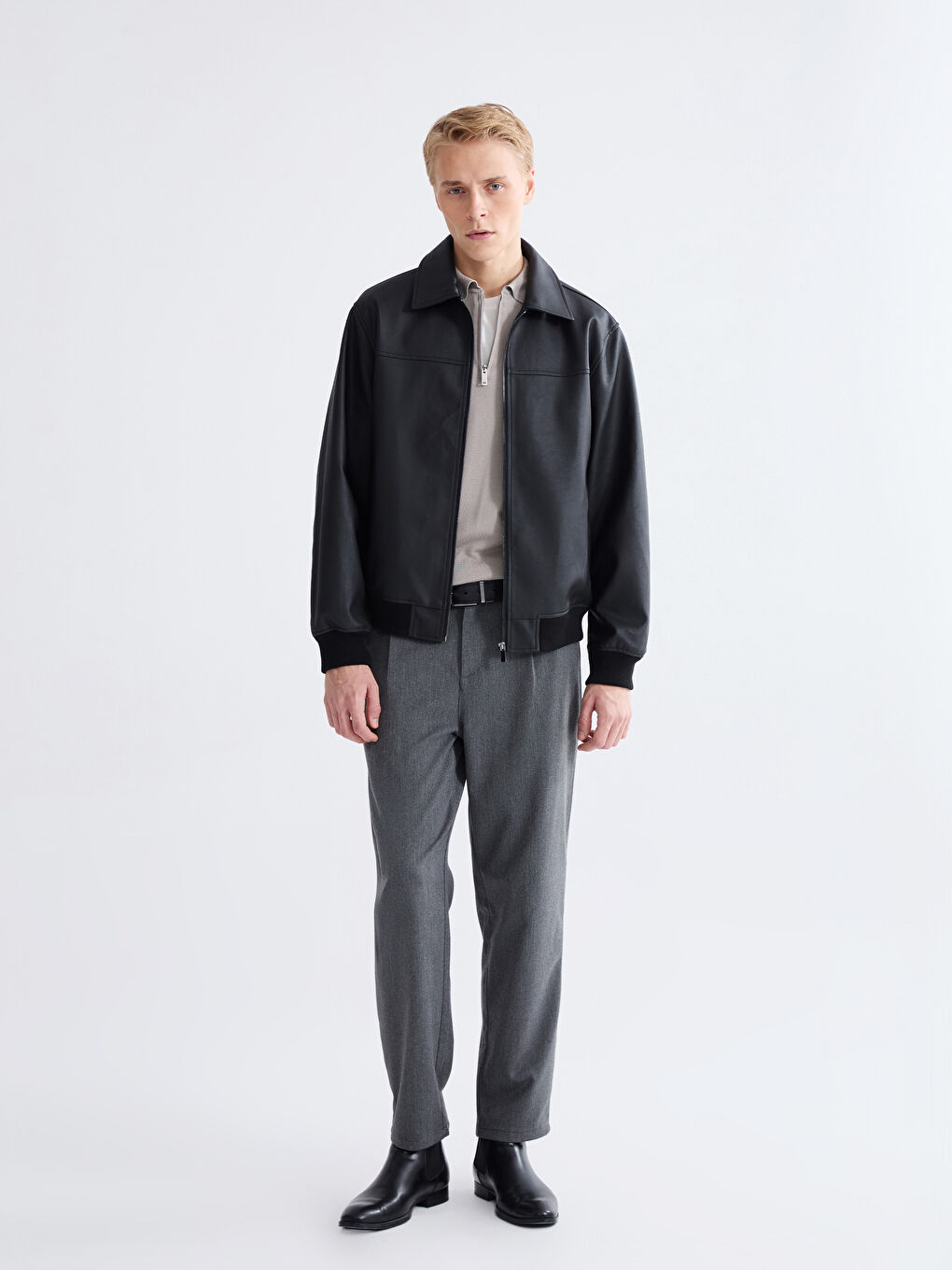 Siyah Standart Kalıp Gömlek Yaka Erkek Deri Görünümlü Mont-1