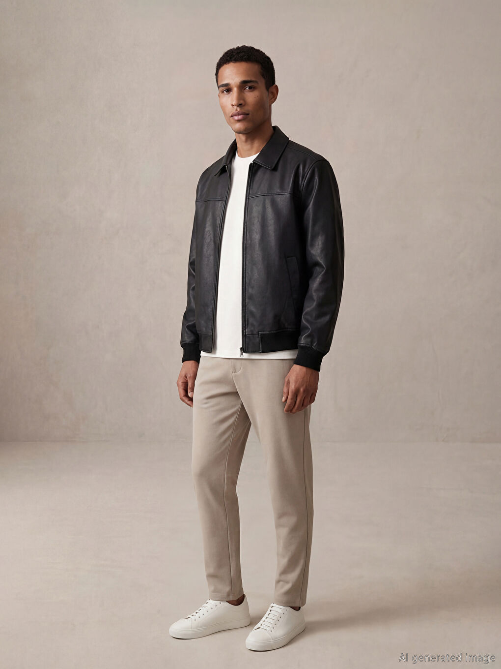 Siyah Standart Kalıp Gömlek Yaka Erkek Deri Görünümlü Mont-1