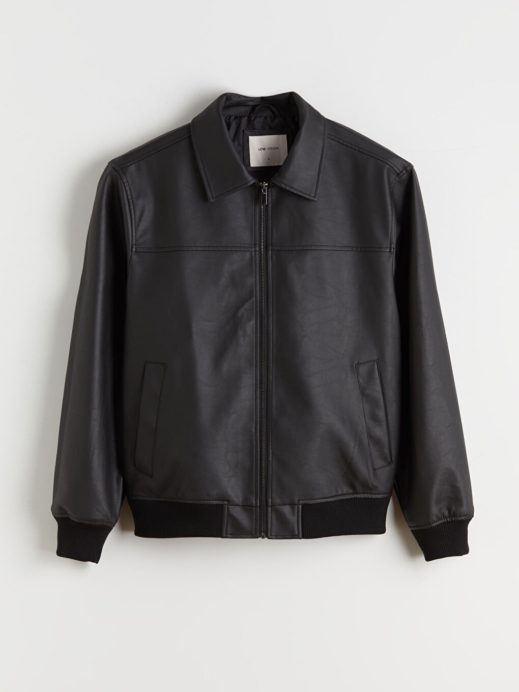 Siyah Standart Kalıp Gömlek Yaka Erkek Deri Görünümlü Mont-5