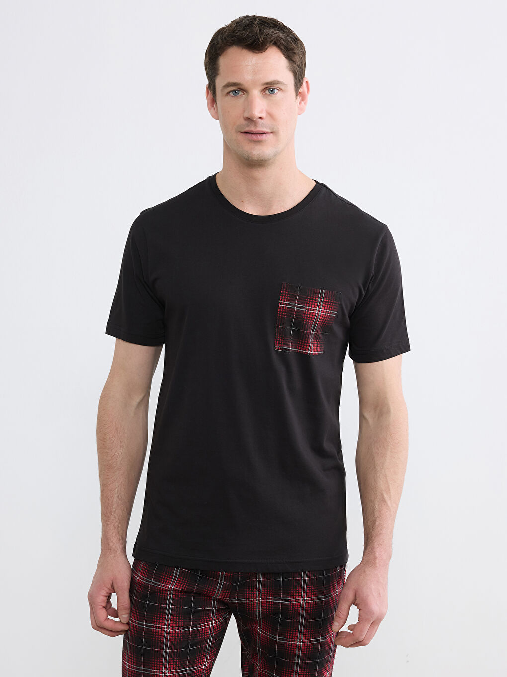 Siyah Bisiklet Yaka Ekose Erkek Pijama Üst