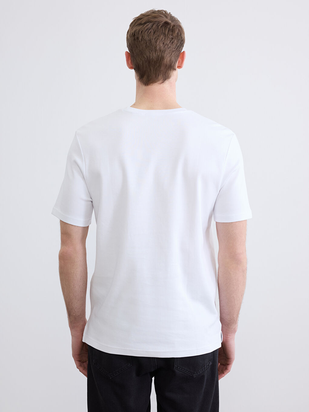 Beyaz Bisiklet Yaka Penye Erkek Tişört-3