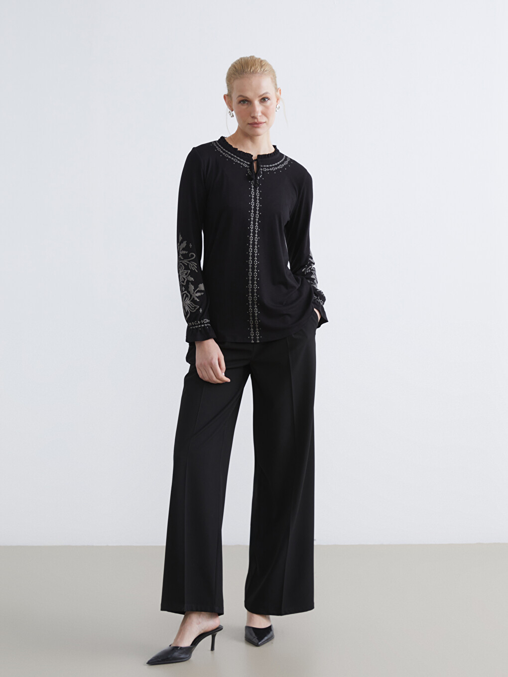 Frilled Tie Neck Patterned Blouse-1
