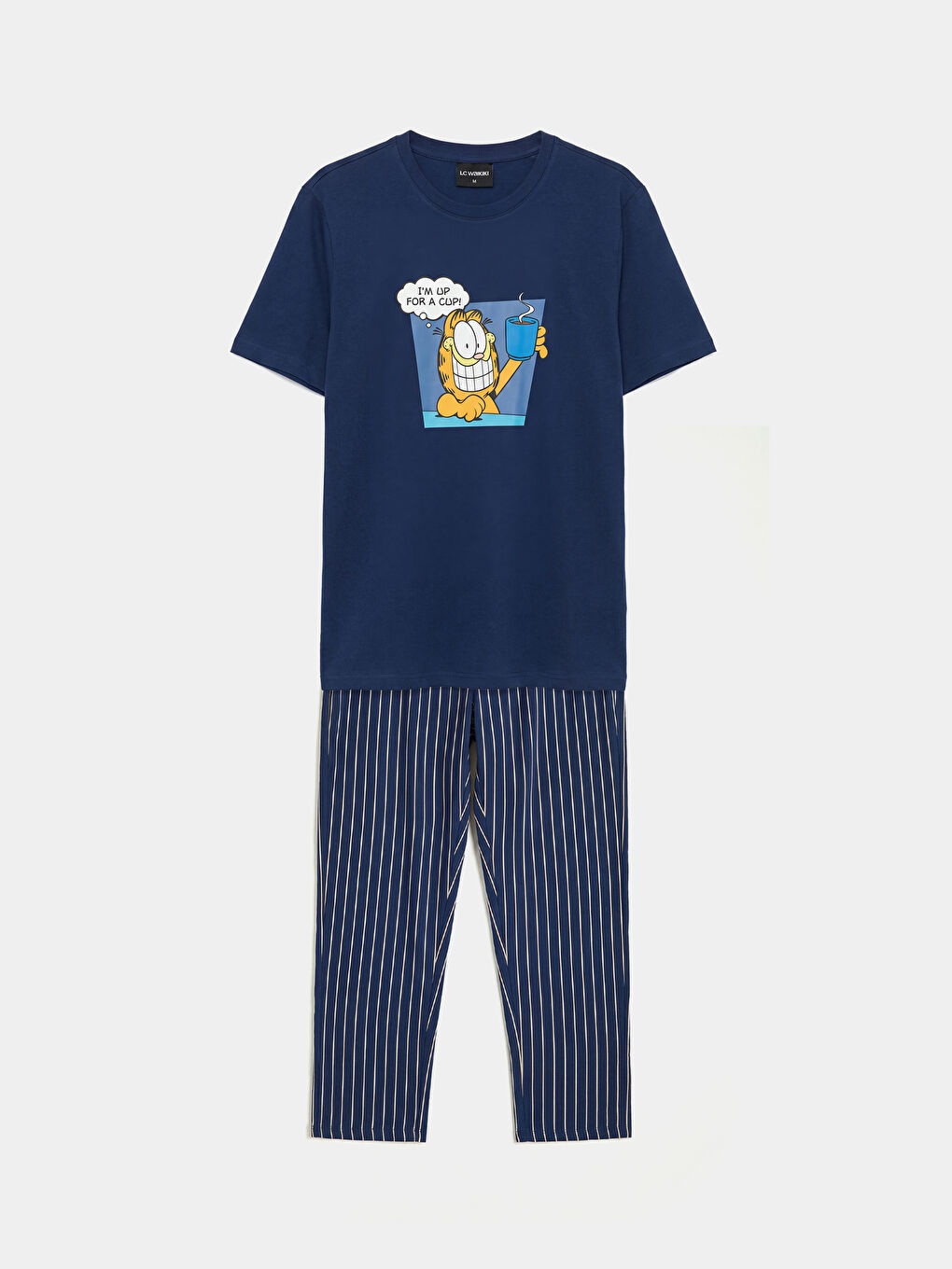 Lacivert Bisiklet Yaka Garfield Baskılı Erkek Pijama Takım