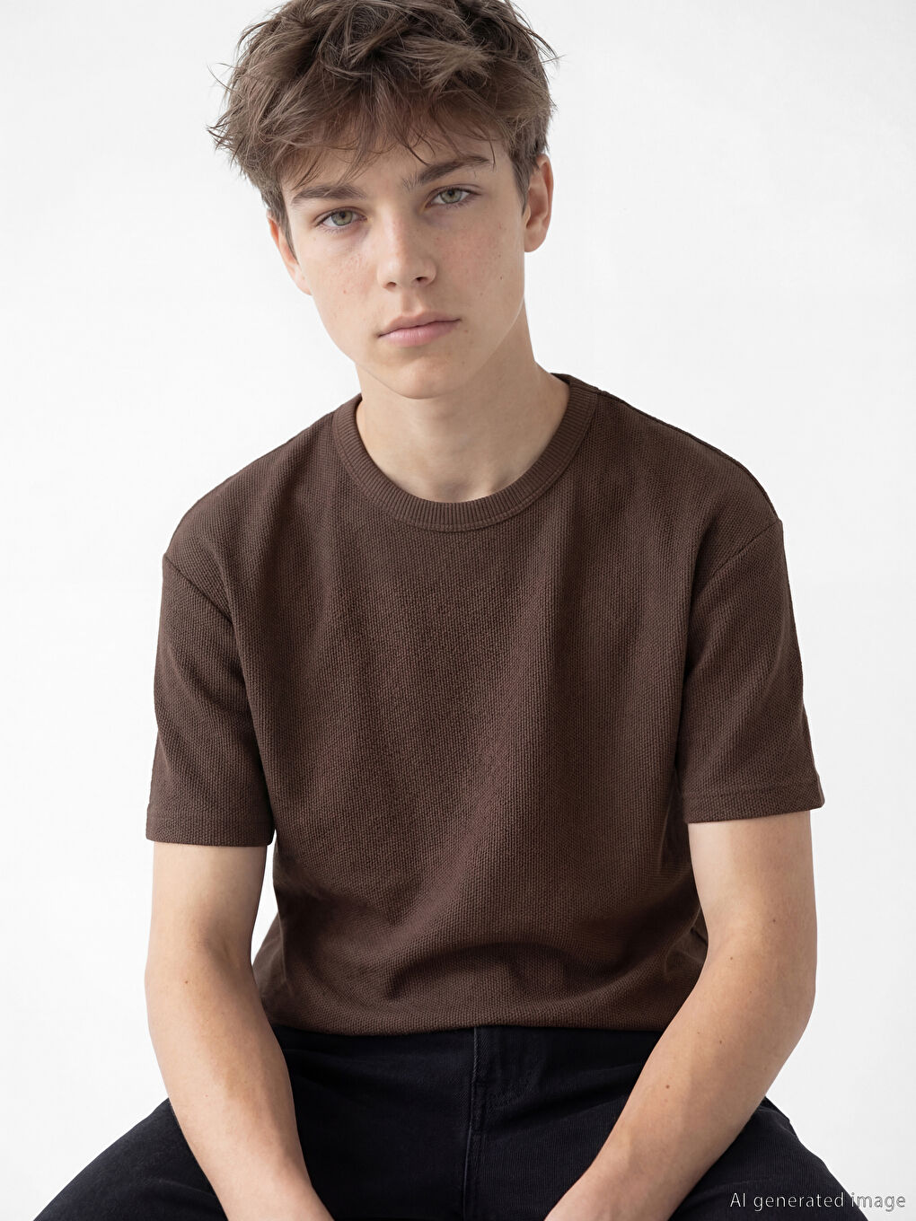 Kahverengi Bisiklet Yaka Erkek Çocuk Tişört