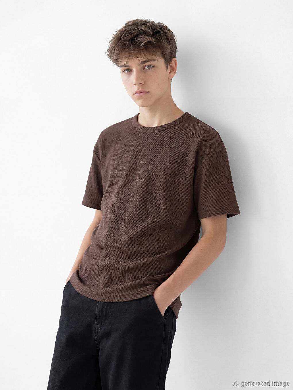 Kahverengi Bisiklet Yaka Erkek Çocuk Tişört-1