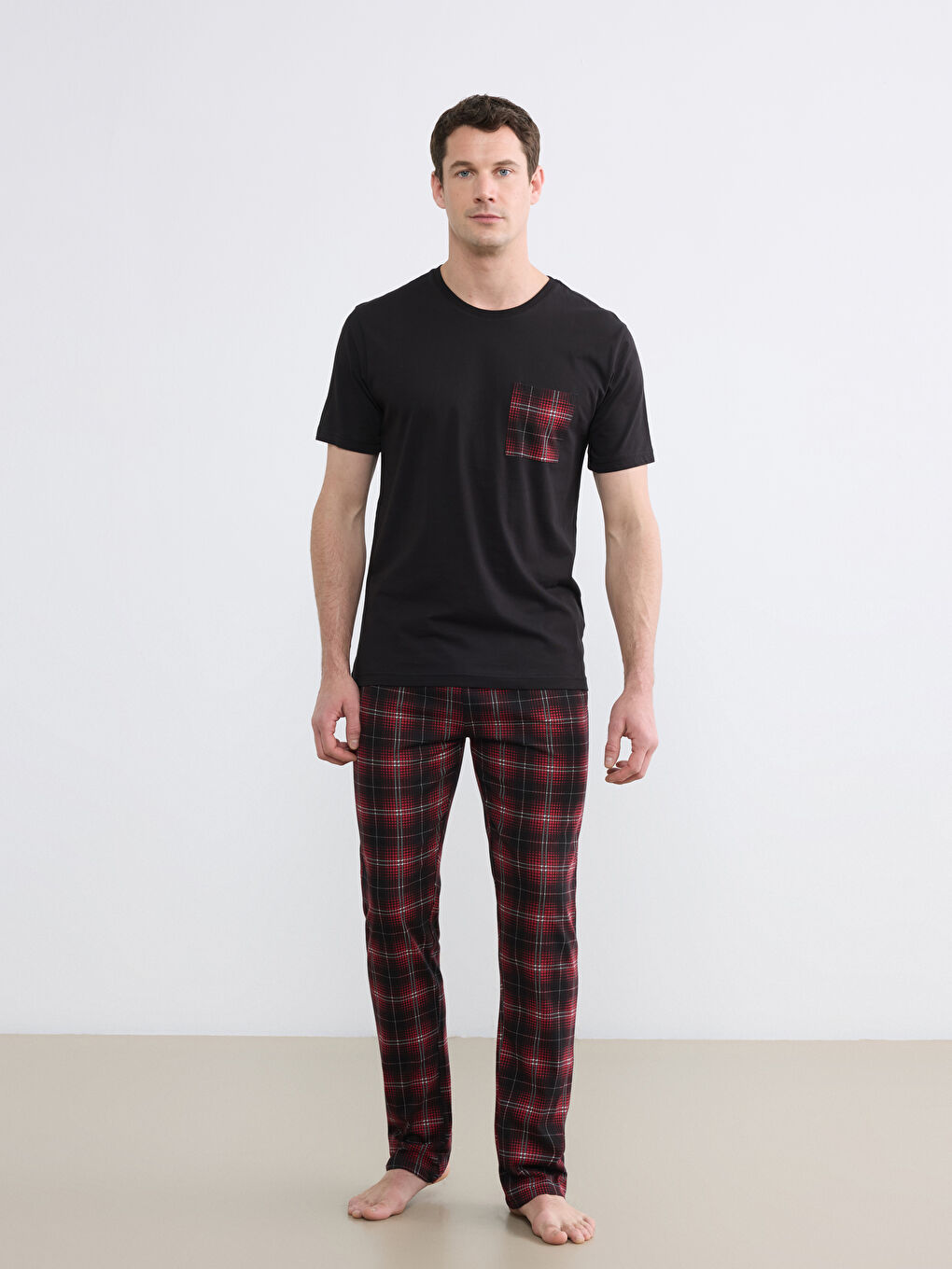 Bordo  Standart Kalıp Ekose Baskılı Erkek Pijama Takım