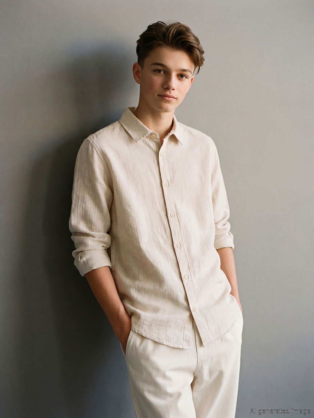 Ekru Erkek Çocuk Keten Karışımlı Gömlek