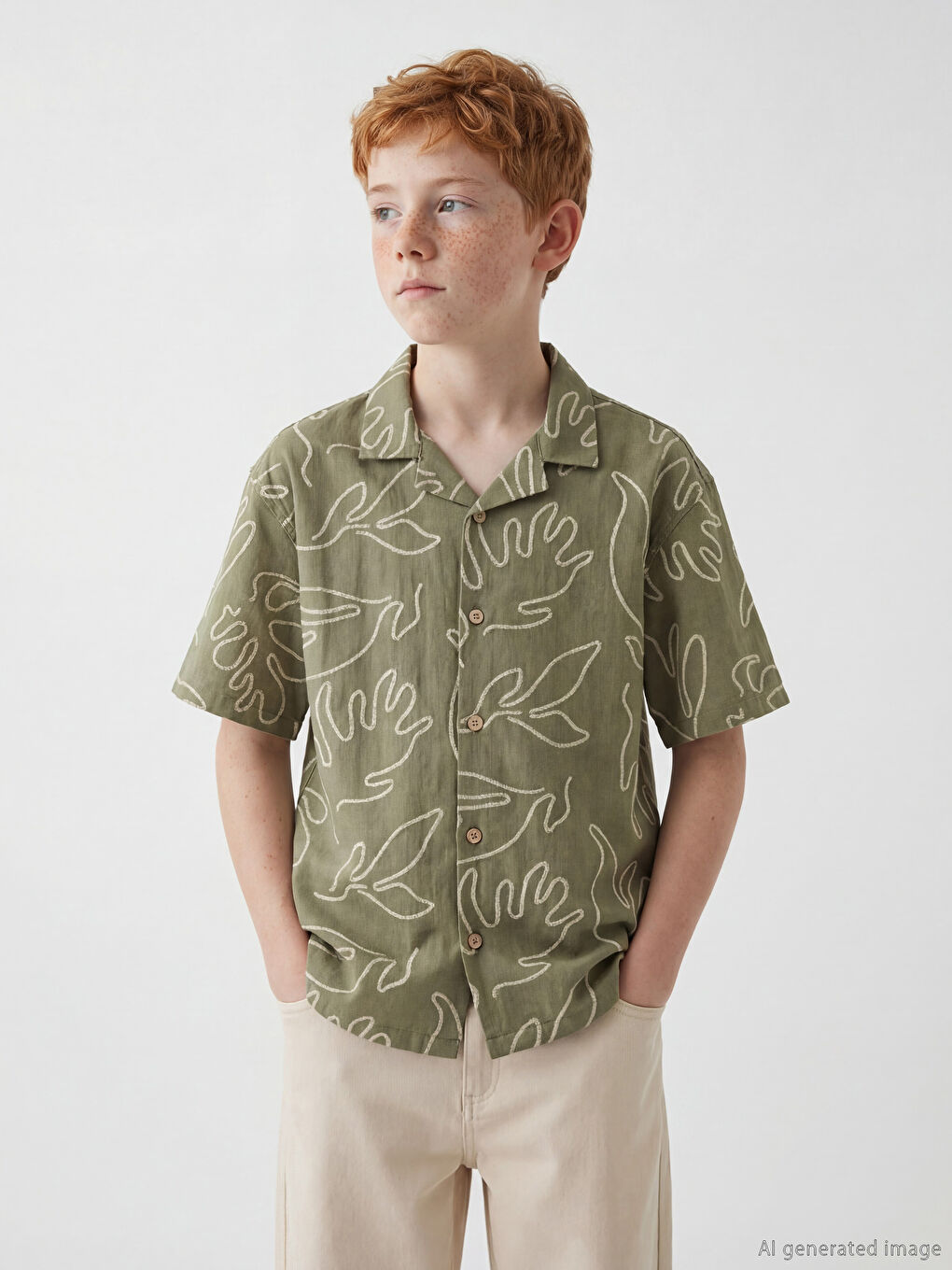 Haki Kısa Kollu Desenli Erkek Çocuk Gömlek