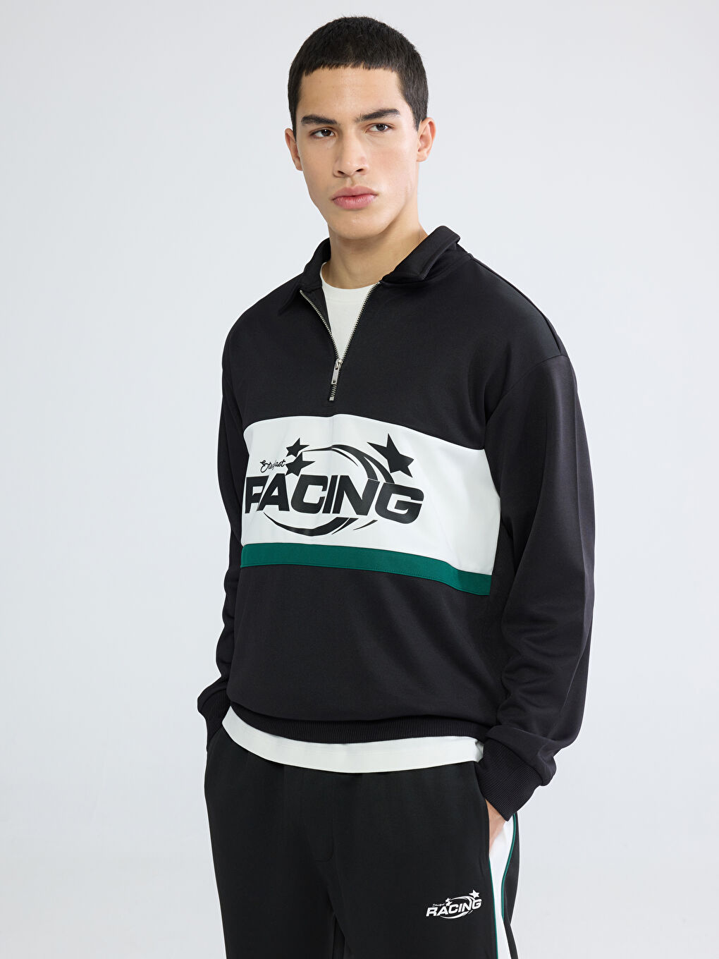 Siyah Polo Yaka Baskılı Erkek Sweatshirt