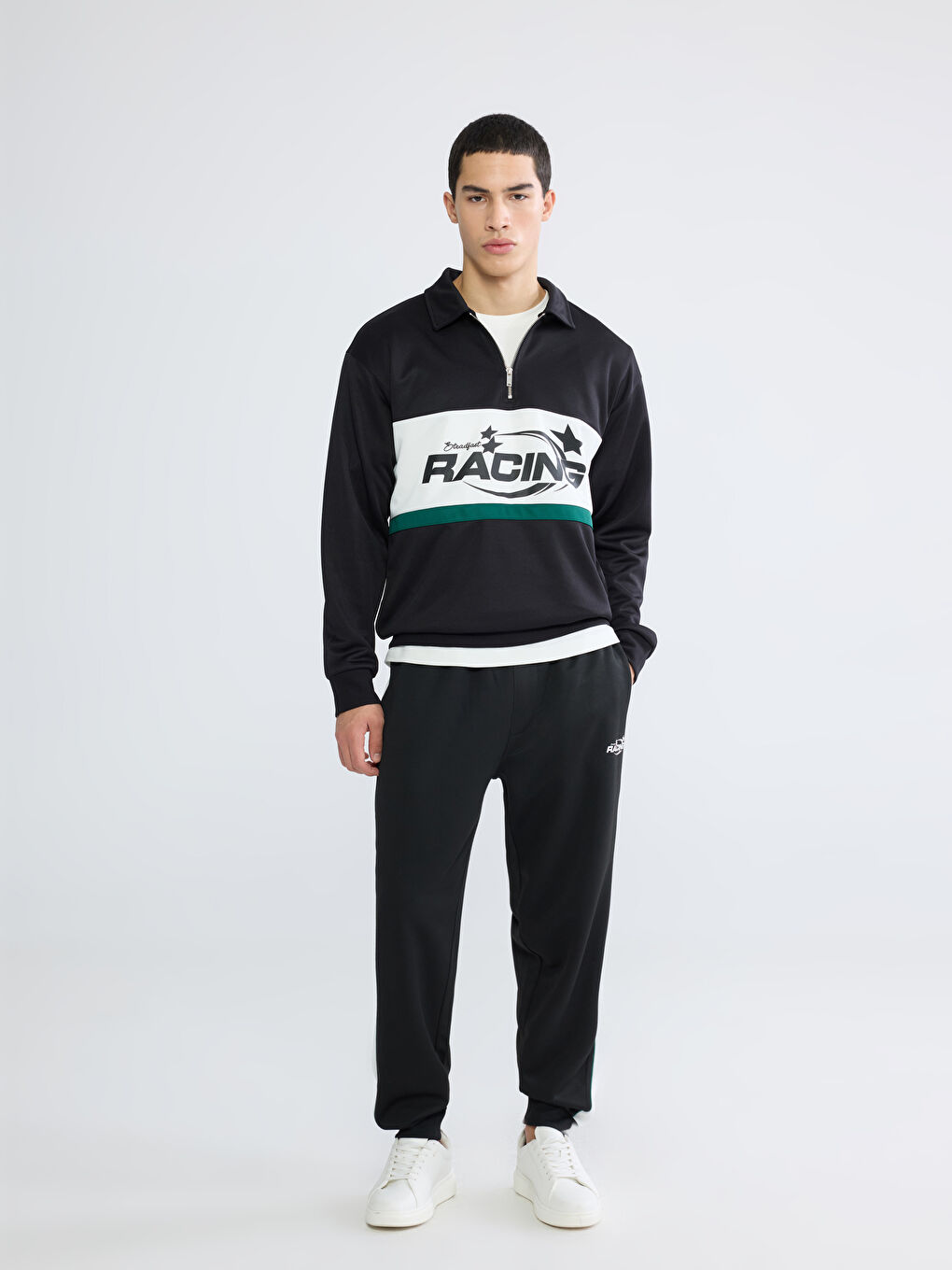 Siyah Polo Yaka Baskılı Erkek Sweatshirt-1