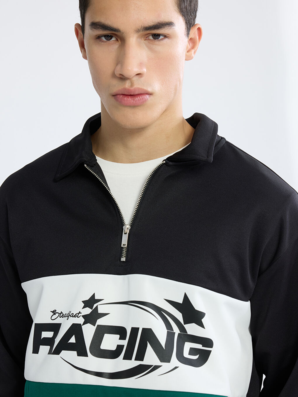 Siyah Polo Yaka Baskılı Erkek Sweatshirt-2