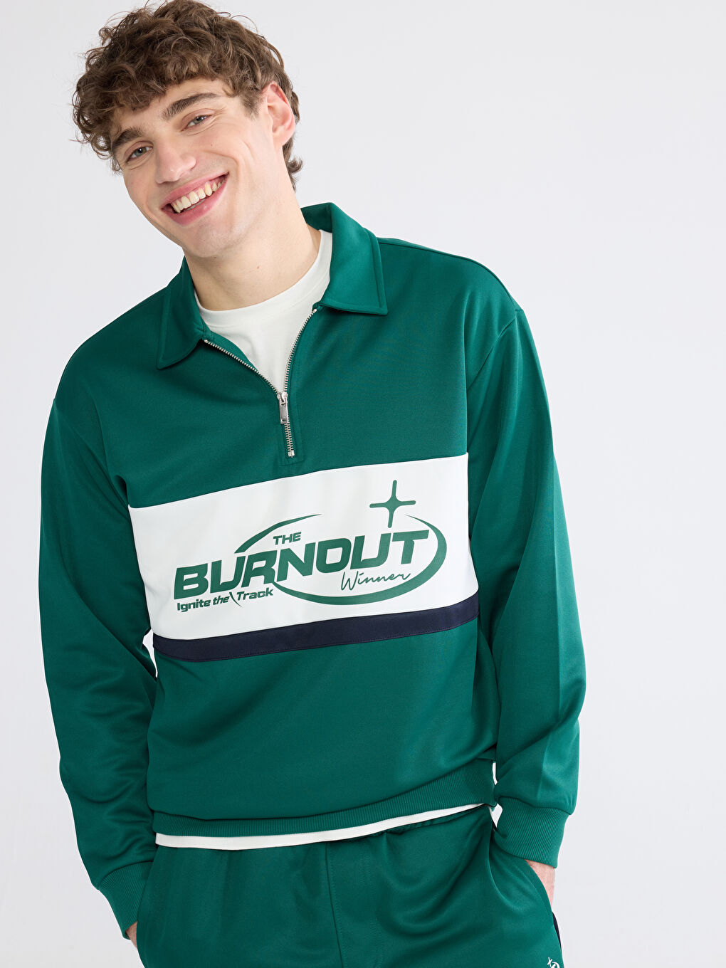 Yeşil Polo Yaka Fermuarlı Baskılı Erkek Sweatshirt