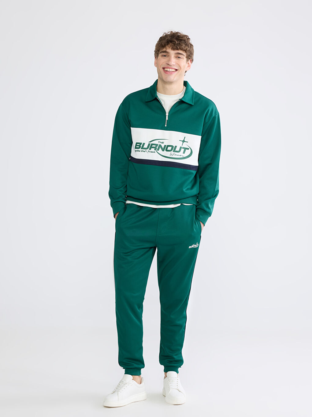 Yeşil Polo Yaka Fermuarlı Baskılı Erkek Sweatshirt-1