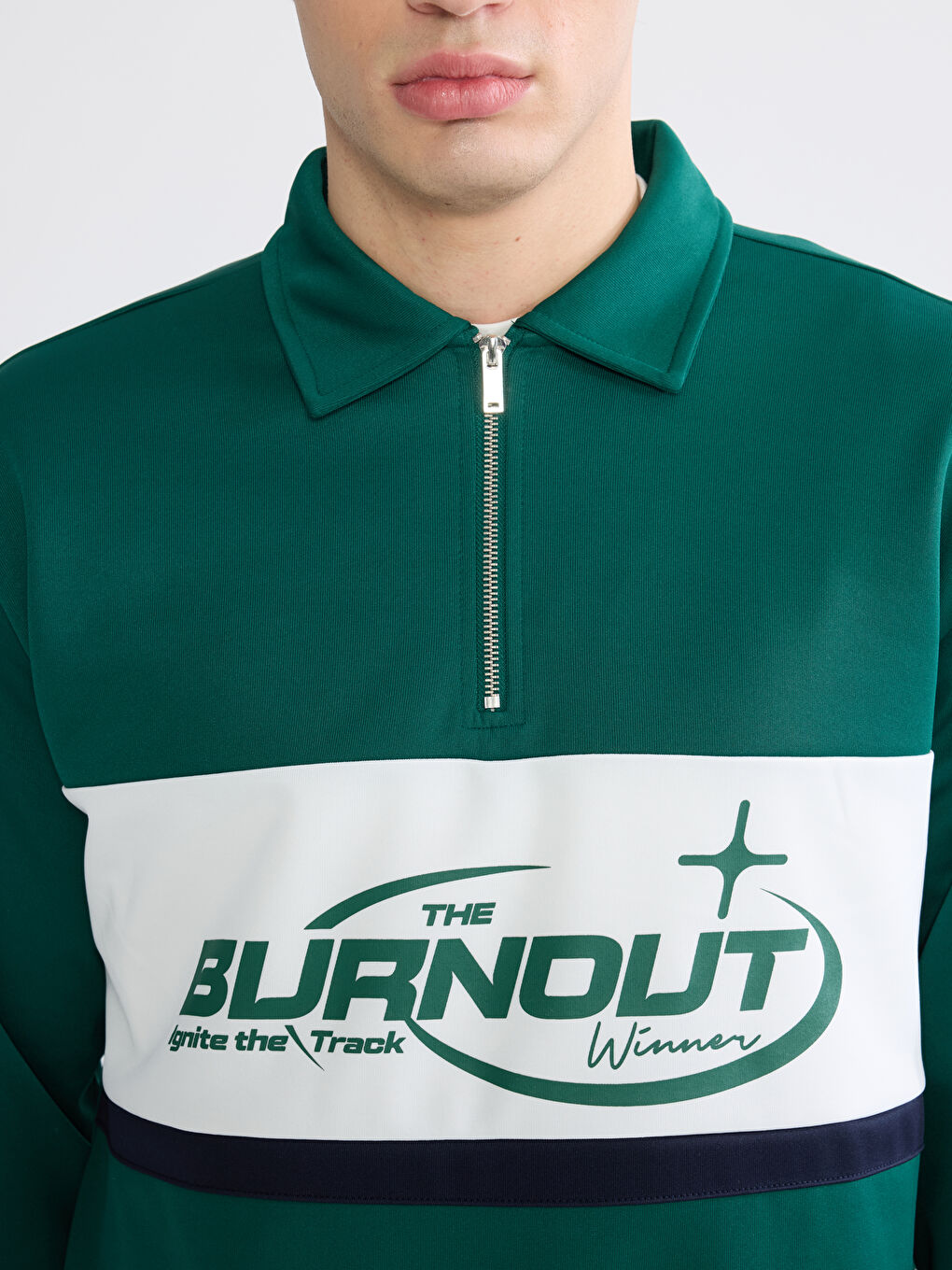 Yeşil Polo Yaka Fermuarlı Baskılı Erkek Sweatshirt-2