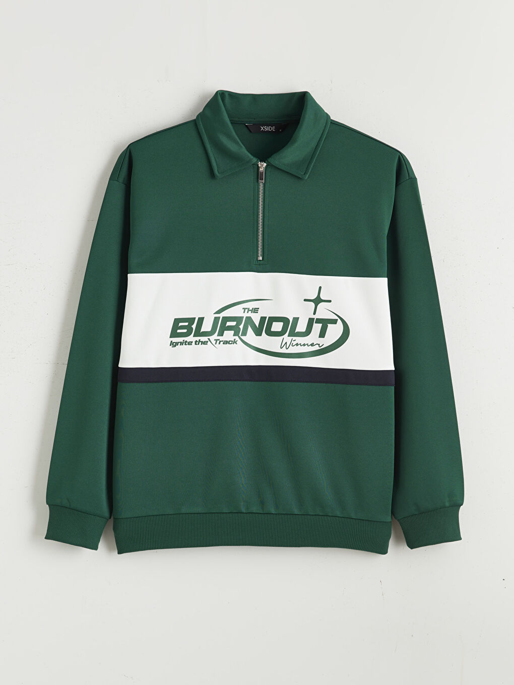 Yeşil Polo Yaka Fermuarlı Baskılı Erkek Sweatshirt-4