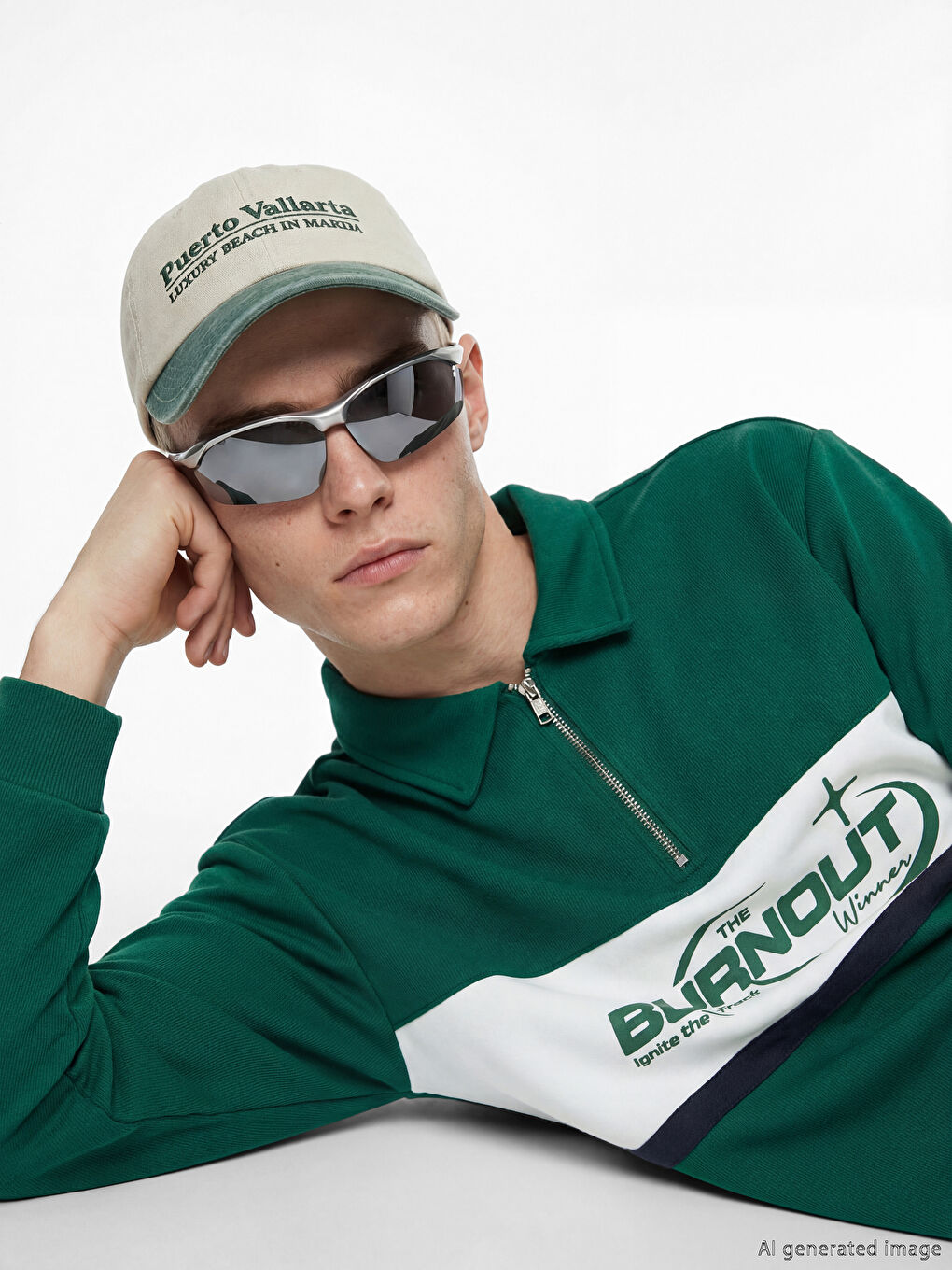 Yeşil Polo Yaka Fermuarlı Baskılı Erkek Sweatshirt-1