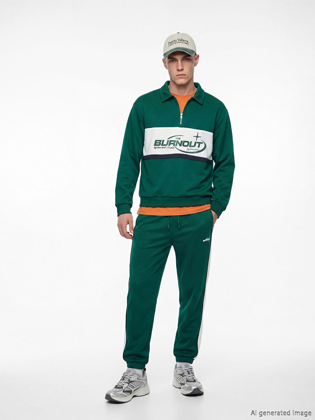 Yeşil Polo Yaka Fermuarlı Baskılı Erkek Sweatshirt-2